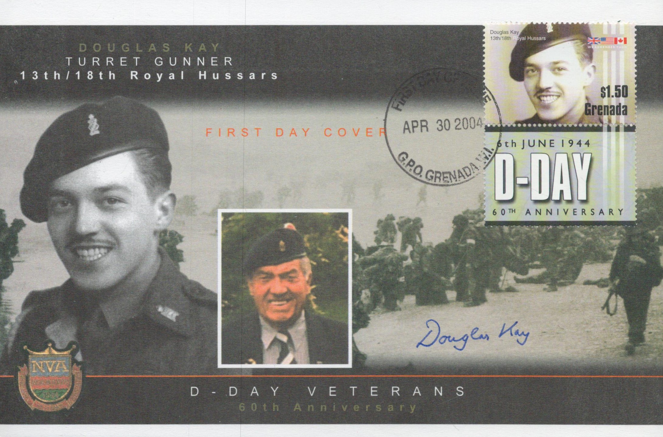 WW2 D-Day veteran Douglas Kay Turret Gunners 13th Royal Hussars signed 2004 60th ann D-Day cover