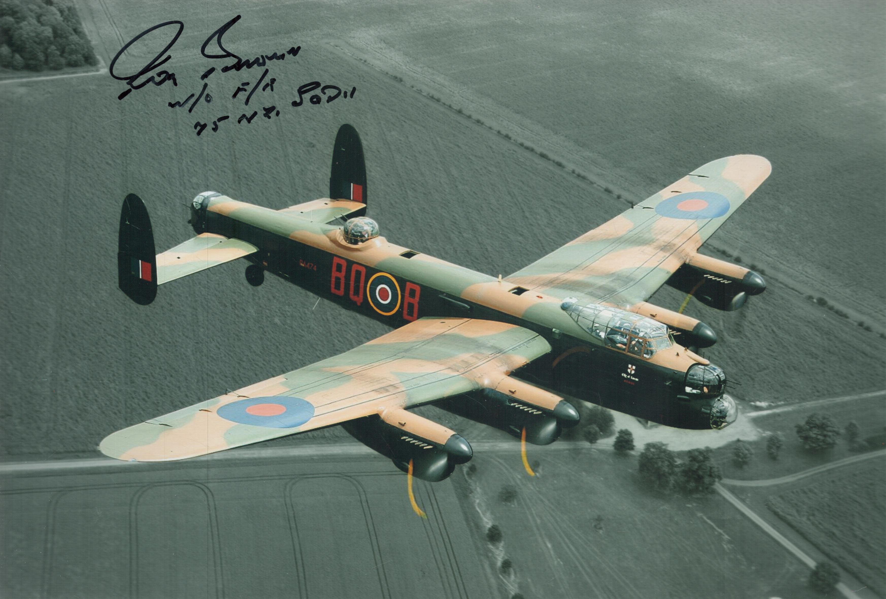WW2 Ron Brown 75 NZ sqn bomber command signed stunning 12 x 8 inch colour Lancaster in flight photo.