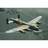 WW2 Ron Brown 75 NZ sqn bomber command signed stunning 12 x 8 inch colour Lancaster in flight photo.