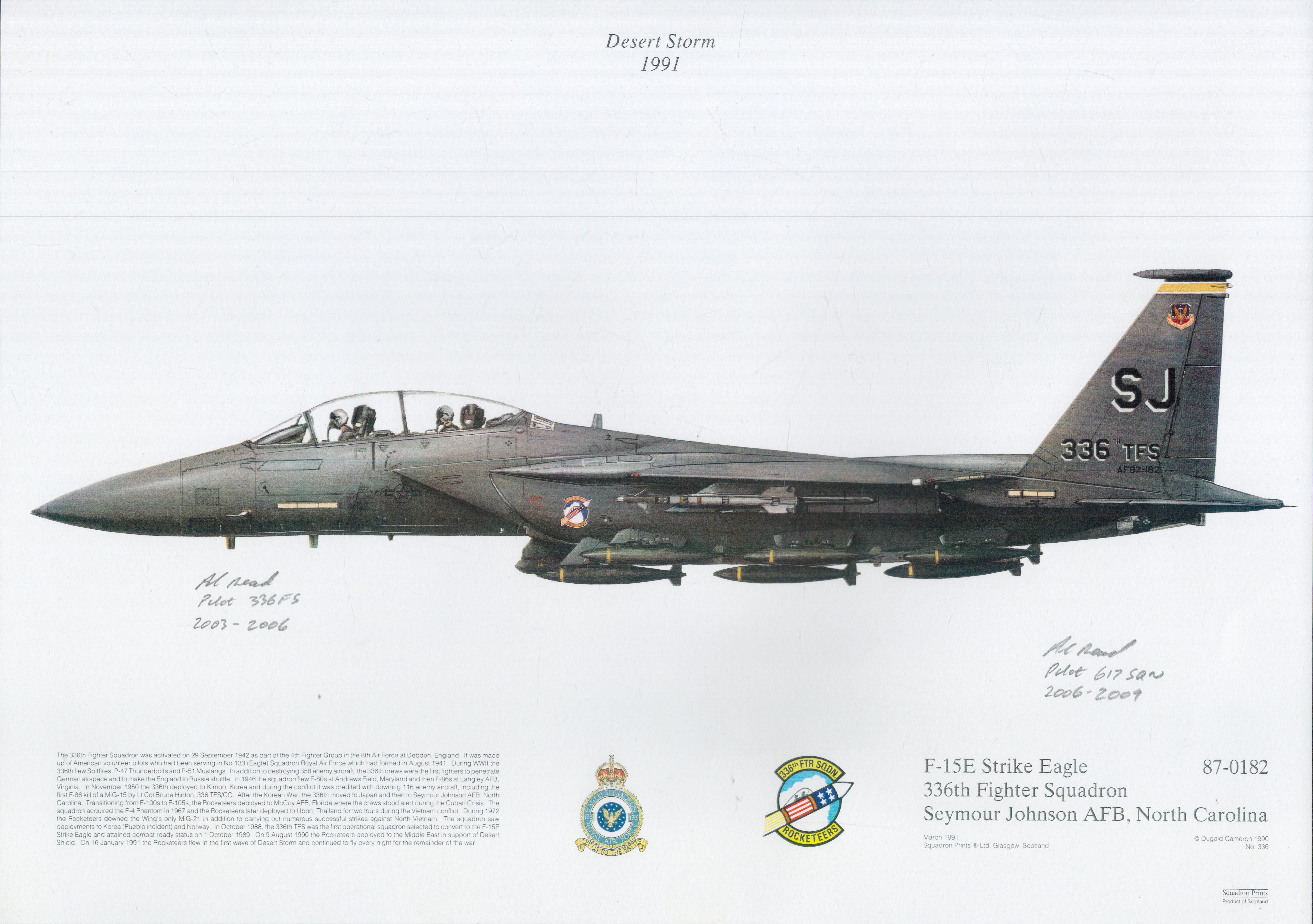 Desert Storm 1991 16 x 12 inch F15E Strike Eagle squadron prints signed twice by Al Read pilot for