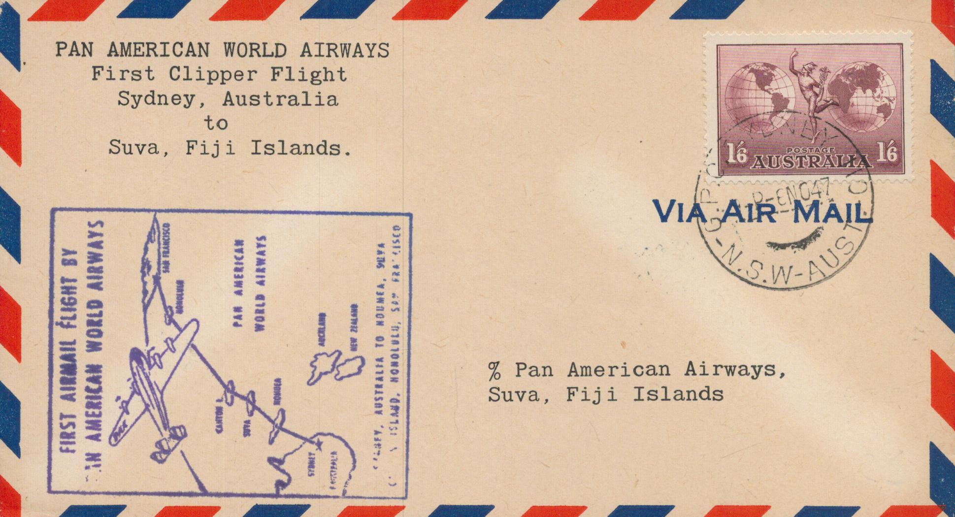 Aviation 1947 first flight cover Pan American clipper Sydney to Fiji, nice flight map cachet 1/6