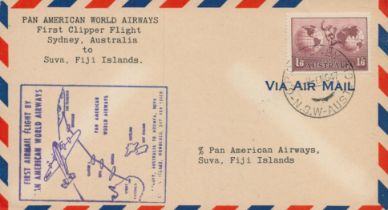 Aviation 1947 first flight cover Pan American clipper Sydney to Fiji, nice flight map cachet 1/6