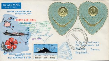 1964 rare First Flight cover FFC from Suva Fiji to Nukualofa Tonga . With 2 9d Silver anniversary