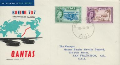 Aviation 1959 QANTAS First flight illustrated cover Fiji San Francisco. 1/6, 3d Fiji stamps,