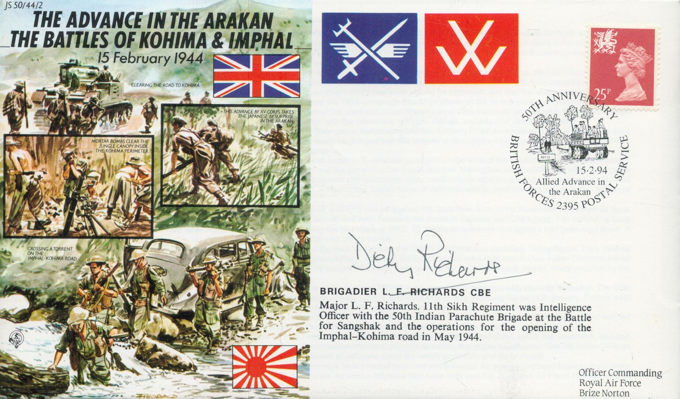 Brig L Dicky Richards CBE signed 50th ann WW2 cover Advances in the Arakan battles of Kohina and