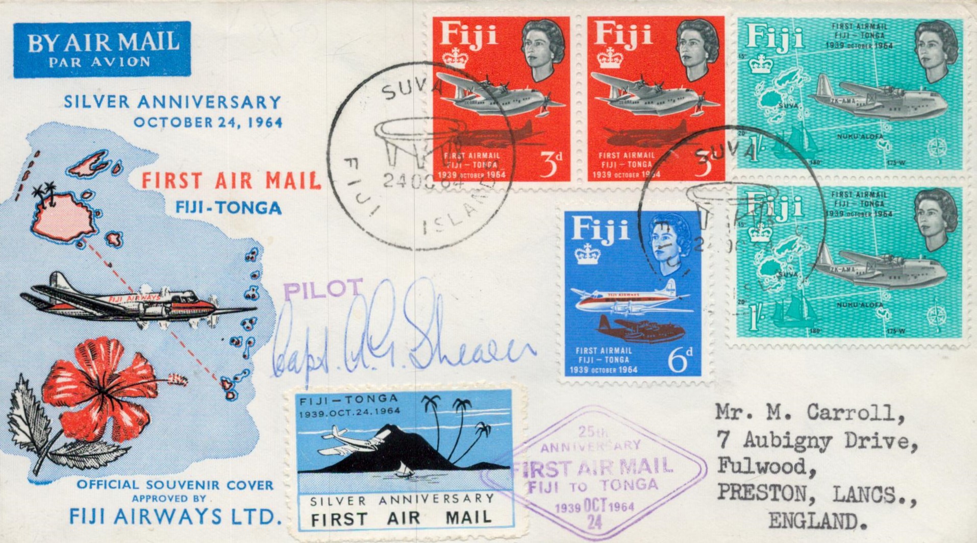 1964 rare First Flight cover FFC from Suva Fiji to Nukualofa Tonga . Very interesting postal history