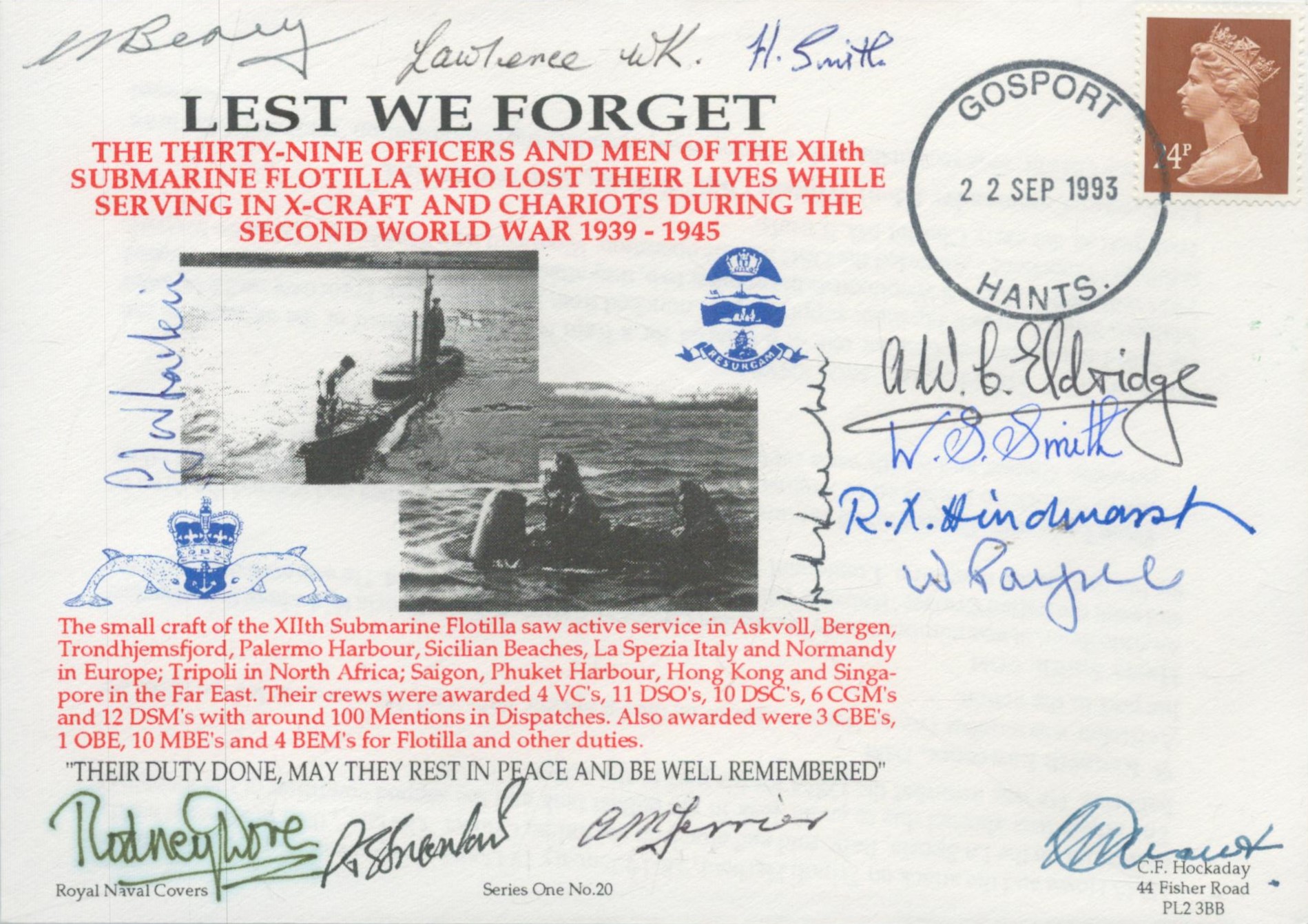 WW2 Navy Remembrance cover signed by 12 veterans of X-Craft and Chariot underwater attack craft