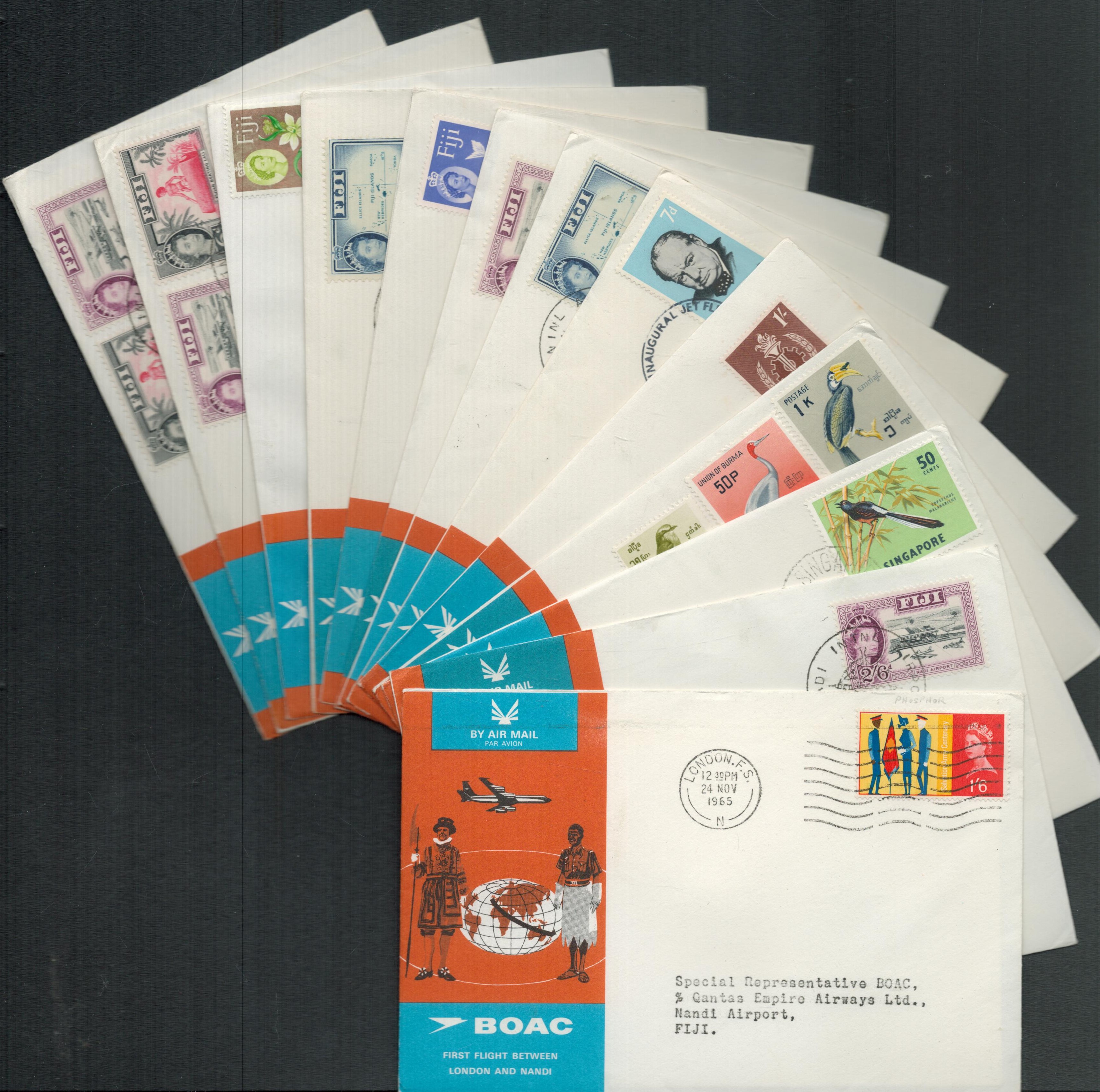 1965 BOAC collection of 13 first flight covers for the London and Nandi service. Stamps and