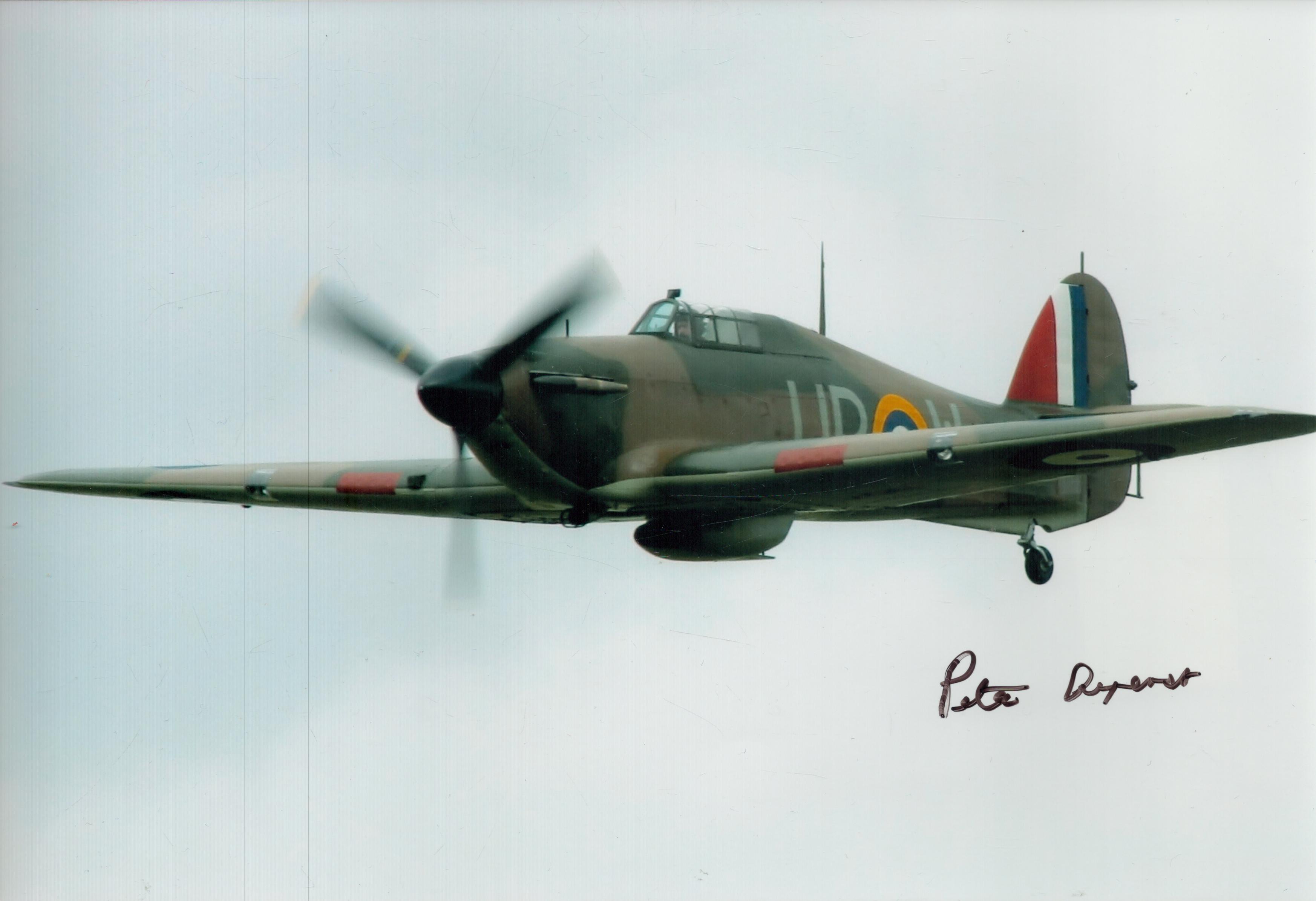 Peter Ayerst DFC Battle of Britain WW2 RAF fighter pilot signed Hurricane photo. 12 x 8 colour