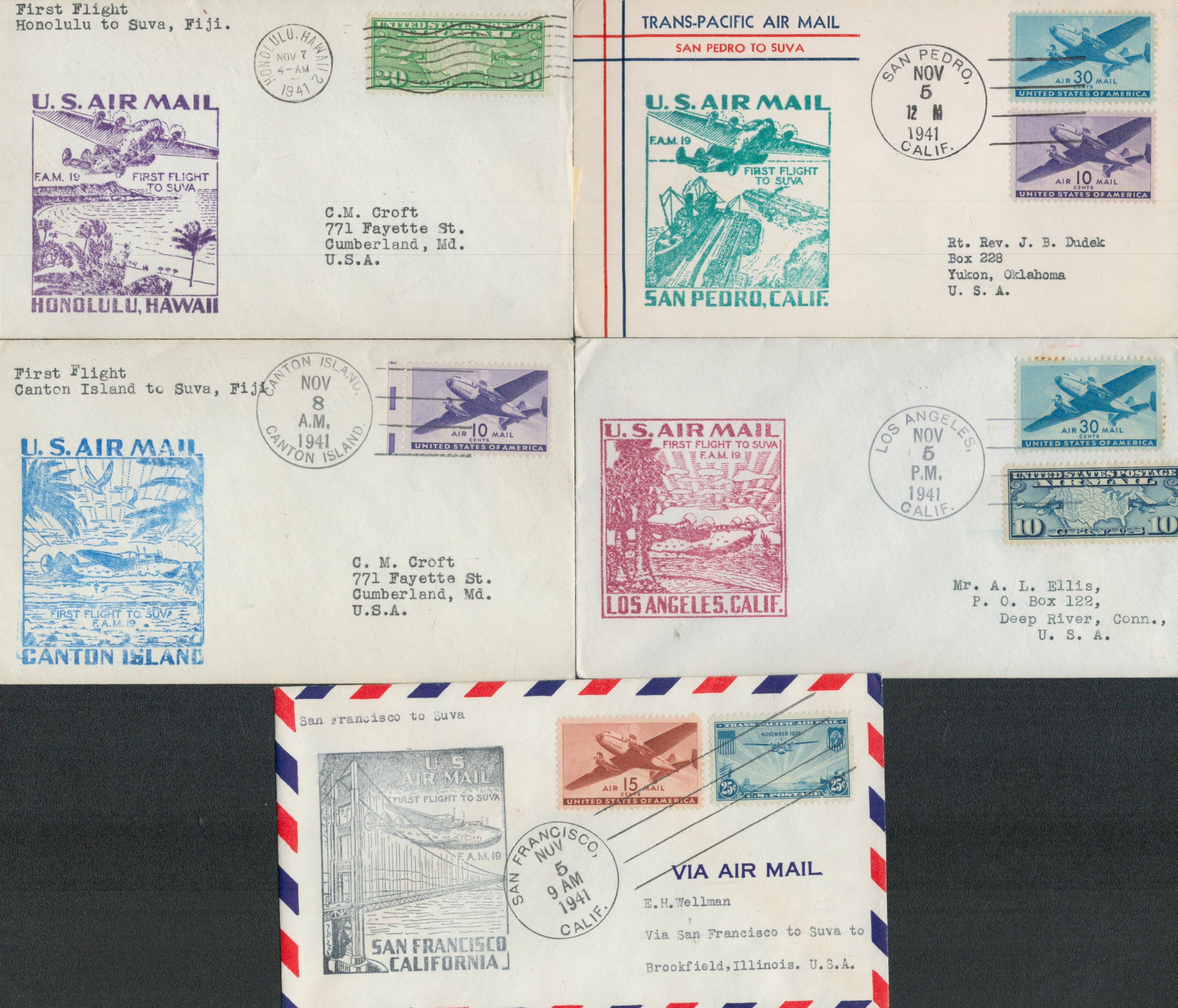 1941 US First Flight cover collection. Five covers Honolulu to Suva Fiji 7/11, San Franciso to