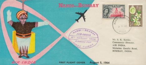Aviation rare 1964 Air India flight cover Nandi to Bombay 6d, 2s Fiji Stamps, postmarked front and