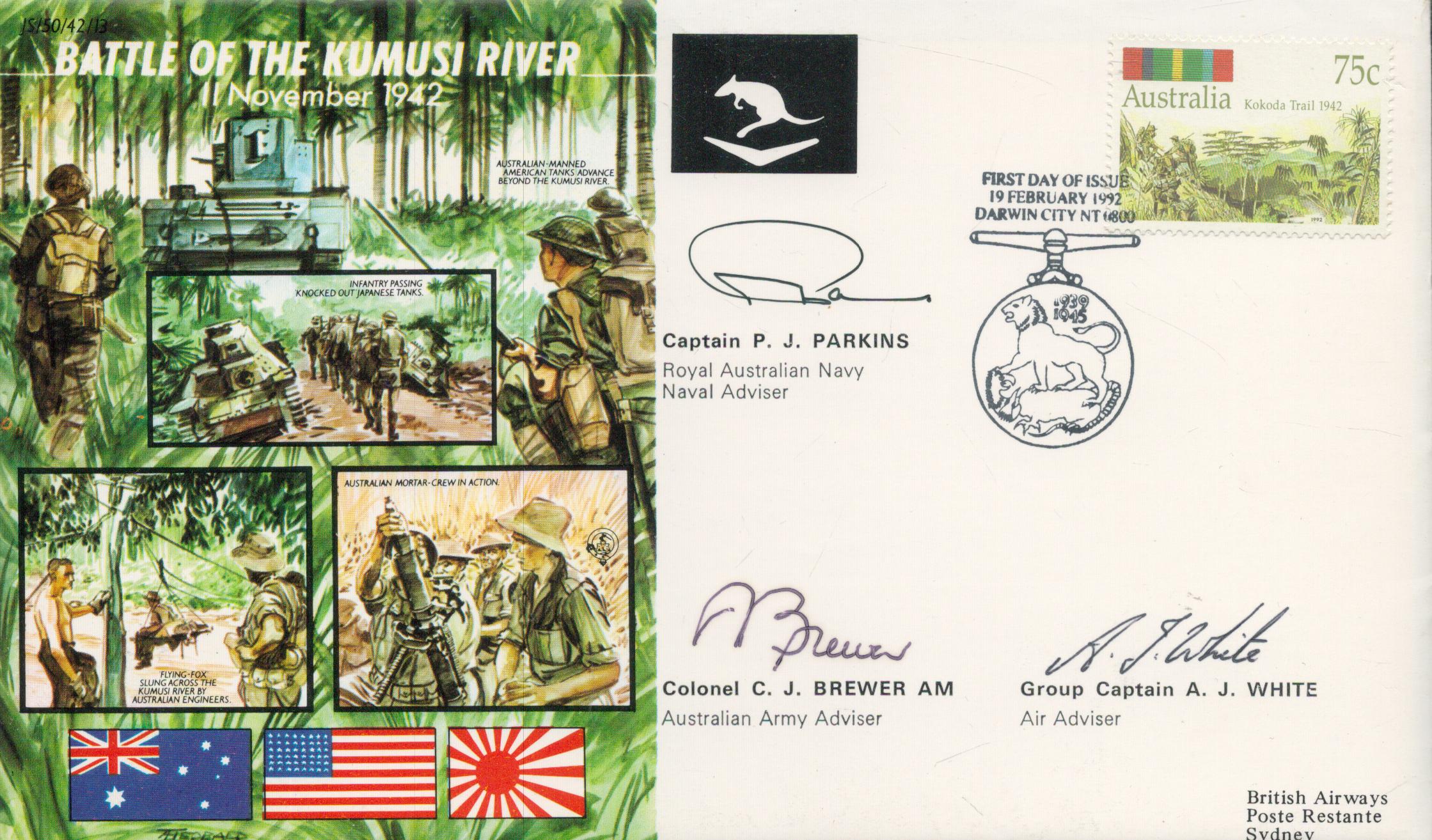 Battle of Kumusi River Treble signed 50th ann WW2 cover JS50/42/13. Signed by veterans Capt Parkins,