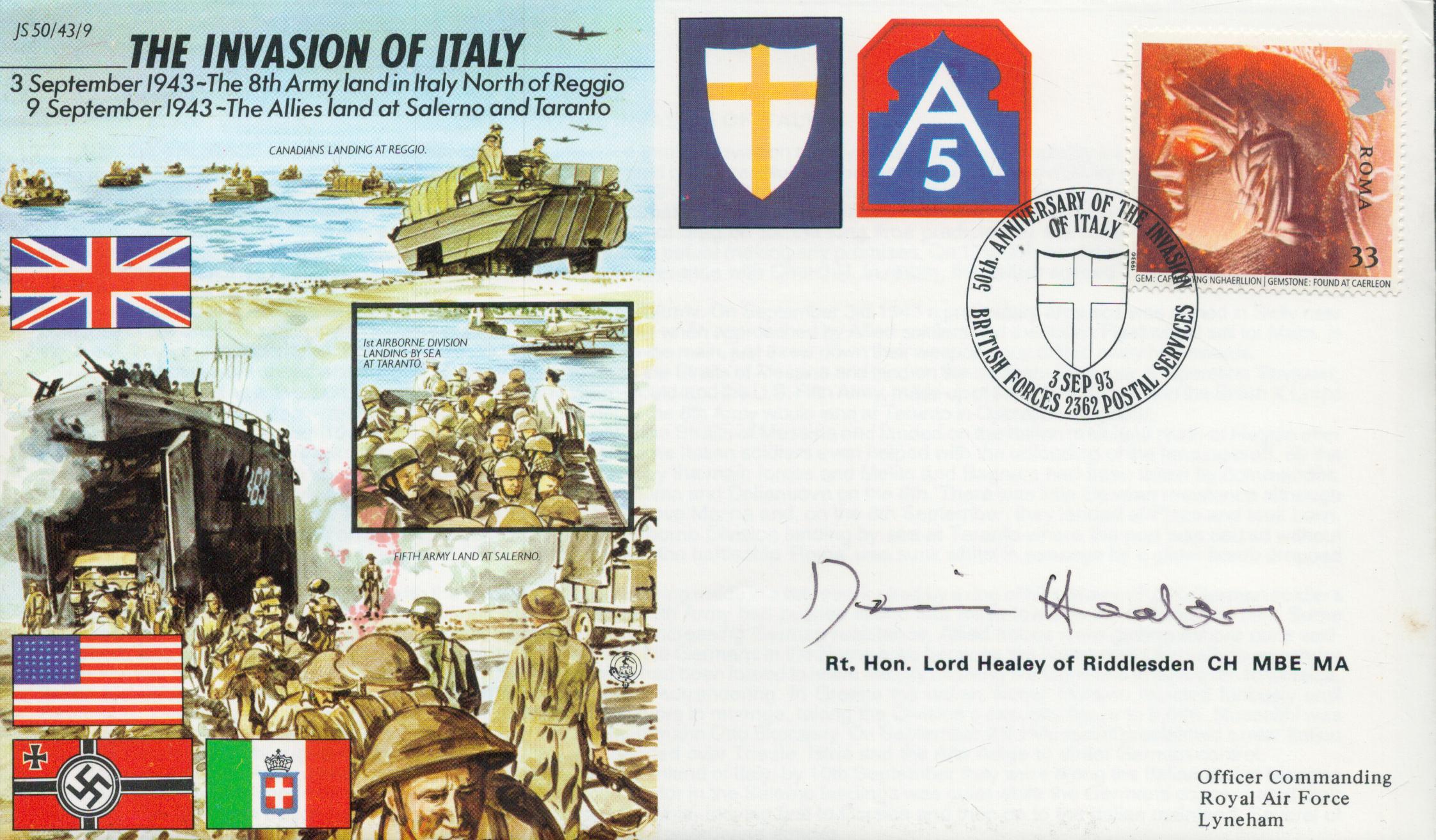 Denis Healey MP signed 50th ann WW2 cover Operation Husky Invasion of Italy JS50/43/9. Limited