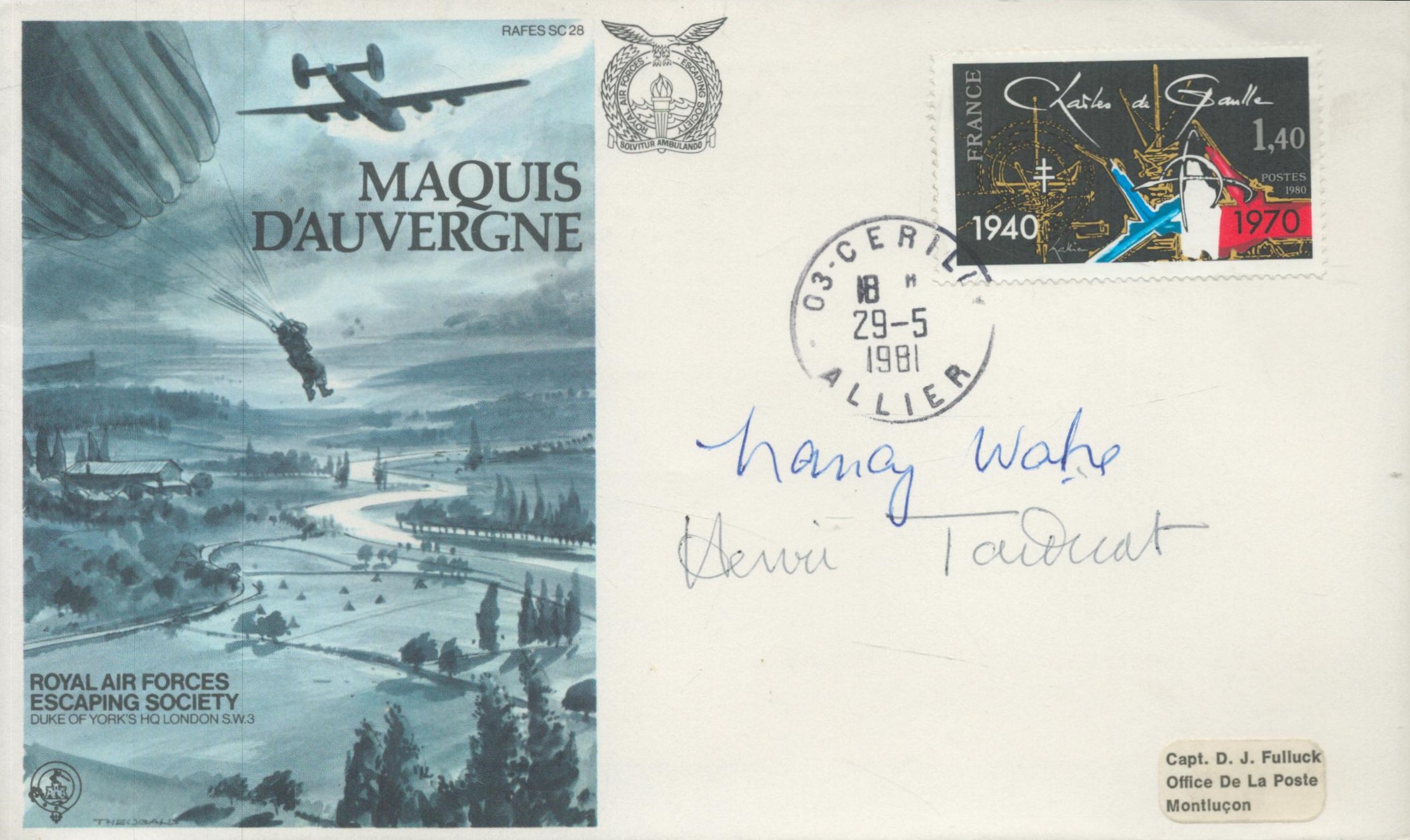 WW2 SOE Agents Nancy Wake 'The White Mouse' & Henri Tardivat RARE signed cover. RAF Escaping Society