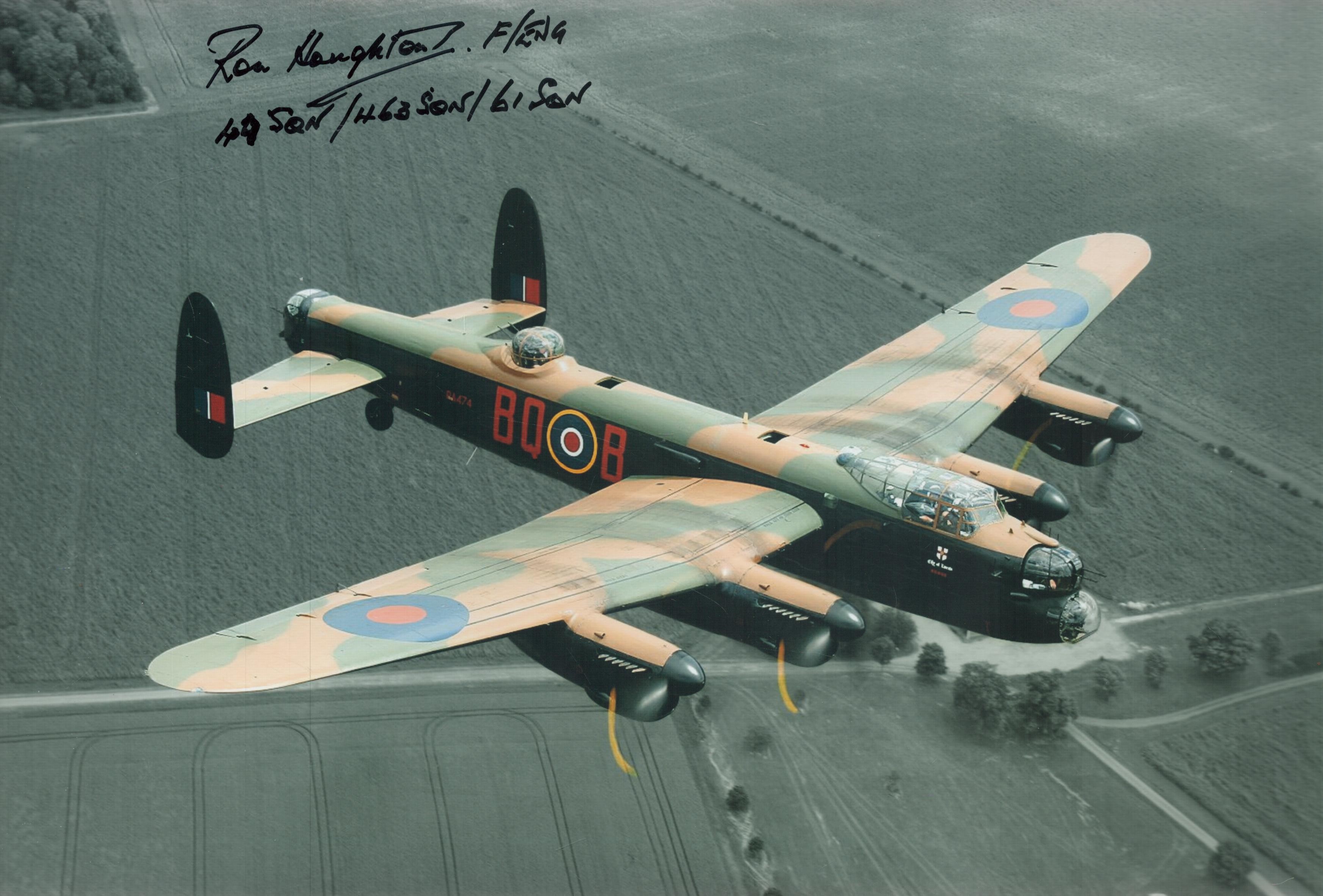 WW2 Ron Houghton 49 sqn bomber command signed stunning 12 x 8 inch colour Lancaster in flight photo.
