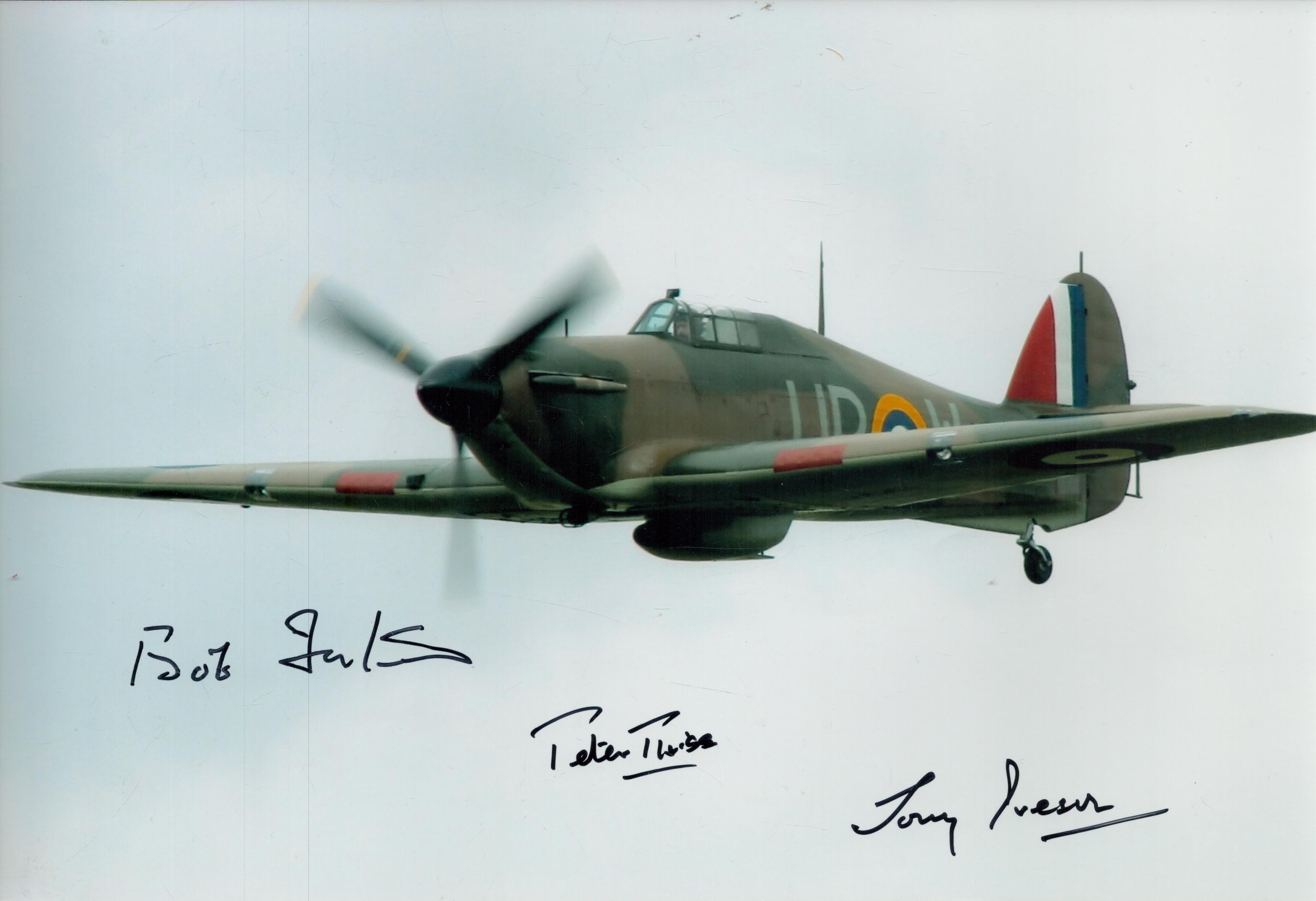 Battle of Britain WW2 fighter aces multiple signed 12 x 8 inch colour Hurricane in flight photo.