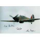 Battle of Britain WW2 fighter aces multiple signed 12 x 8 inch colour Hurricane in flight photo.