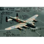 WW2 ten RAF bomber veterans signed 12 x 8 inch colour Lancaster Bomber in flight photo. Autographs