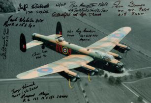 WW2 ten RAF bomber veterans signed 12 x 8 inch colour Lancaster Bomber in flight photo. Autographs