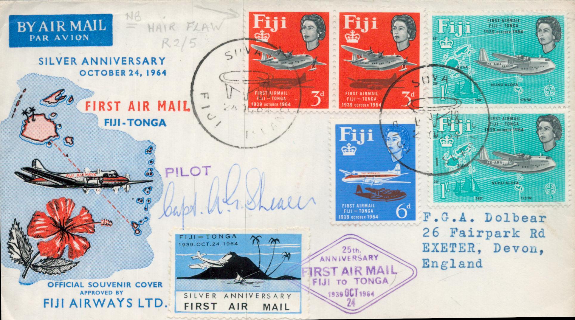 1964 rare First Flight cover FFC from Suva Fiji to Nukualofa Tonga . With hair flaw on one of the 3d