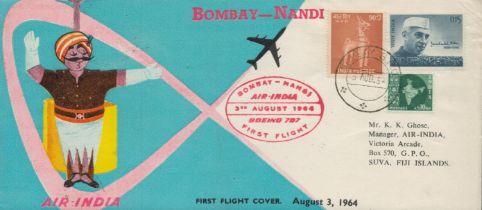 Aviation rare 1964 Air India flight cover Bombay 6to Nandi 3 Indian Stamps, postmarked front and