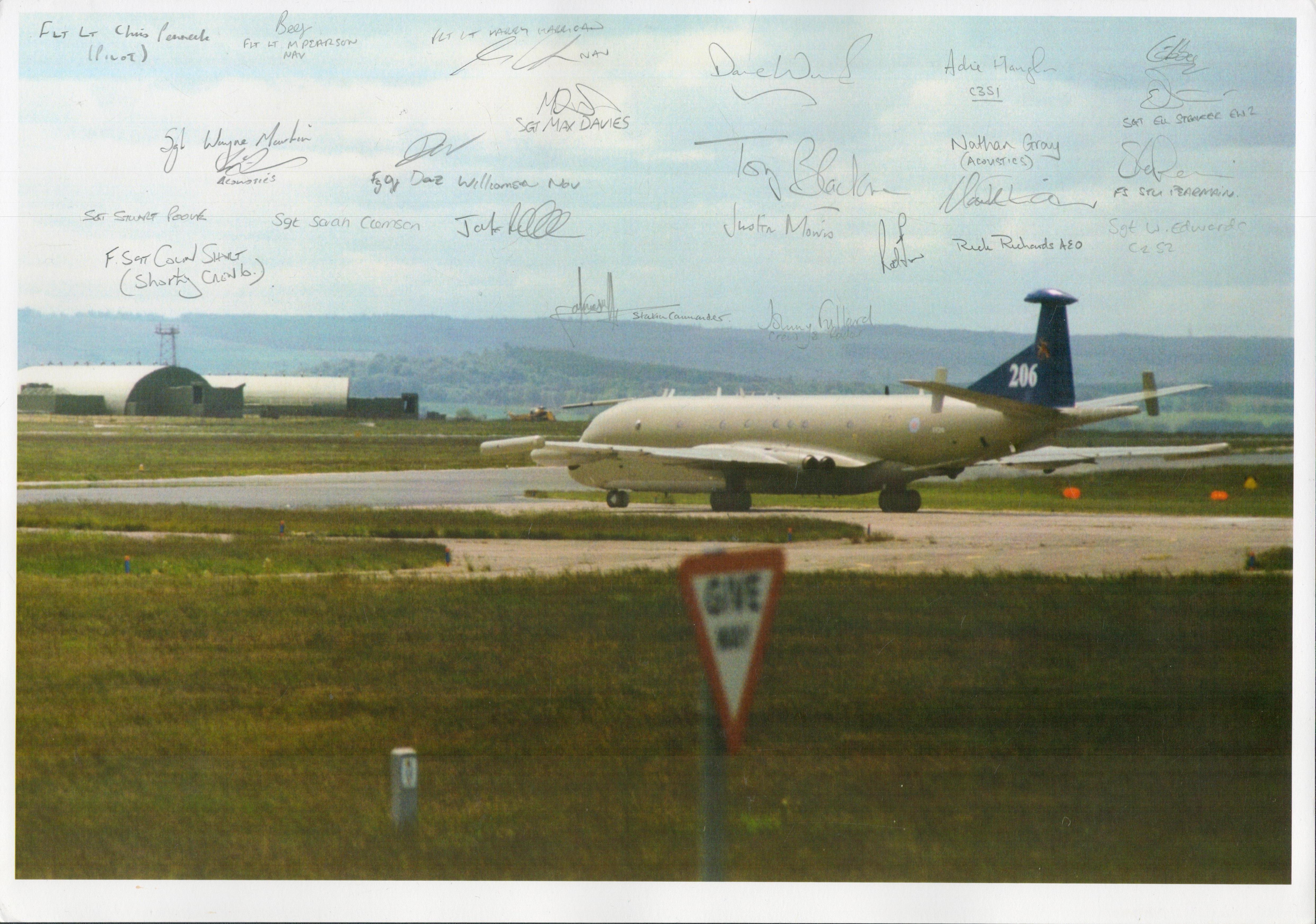 24 RAF Lossiemouth veterans signed 16 x 12 inc colour image of Nimrod taxiing. Includes Station