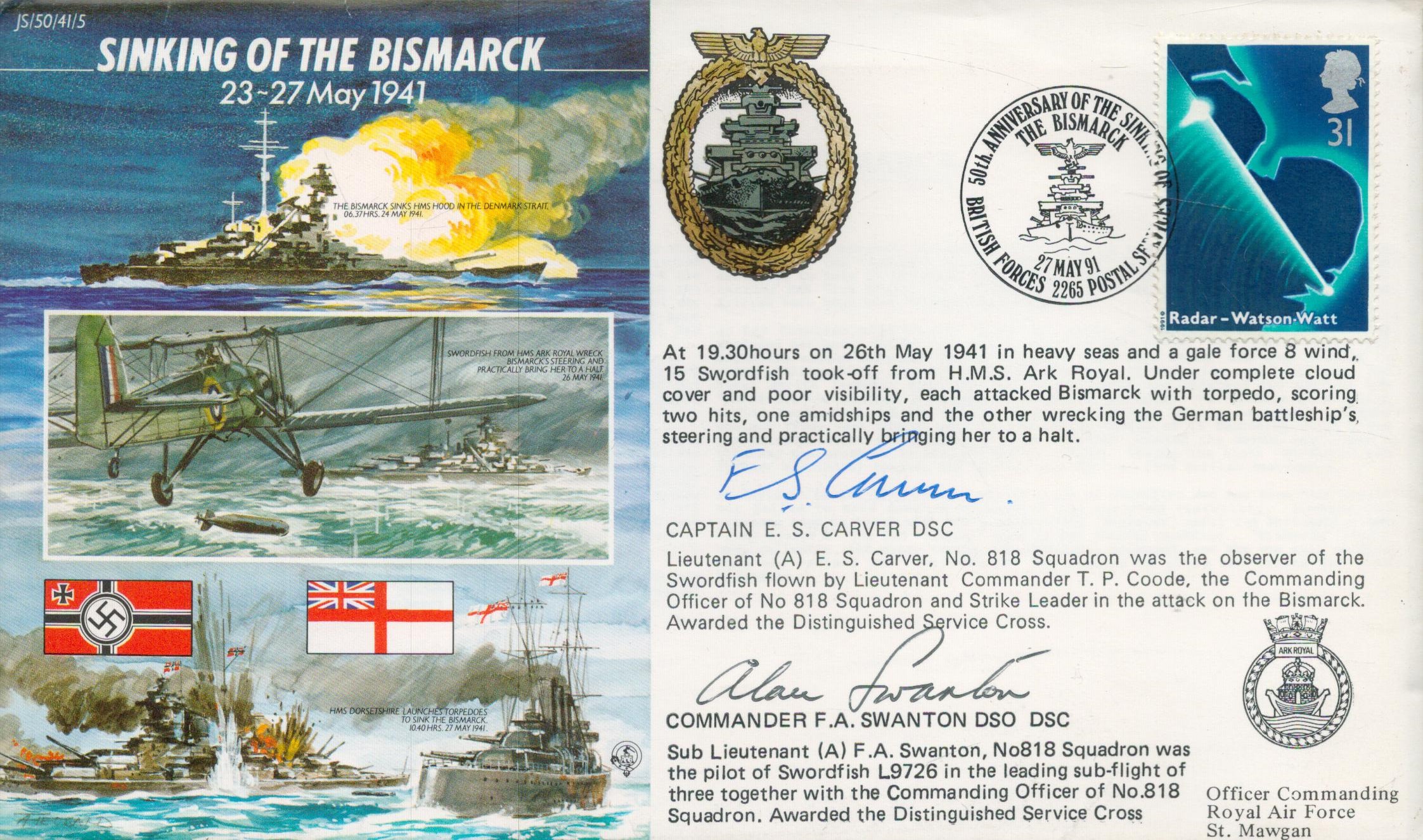 WW2 Sinking of the Bismarck 50th ann cover Sgt Carver and Swanton. Sinking of The Bismarck 23-27 May