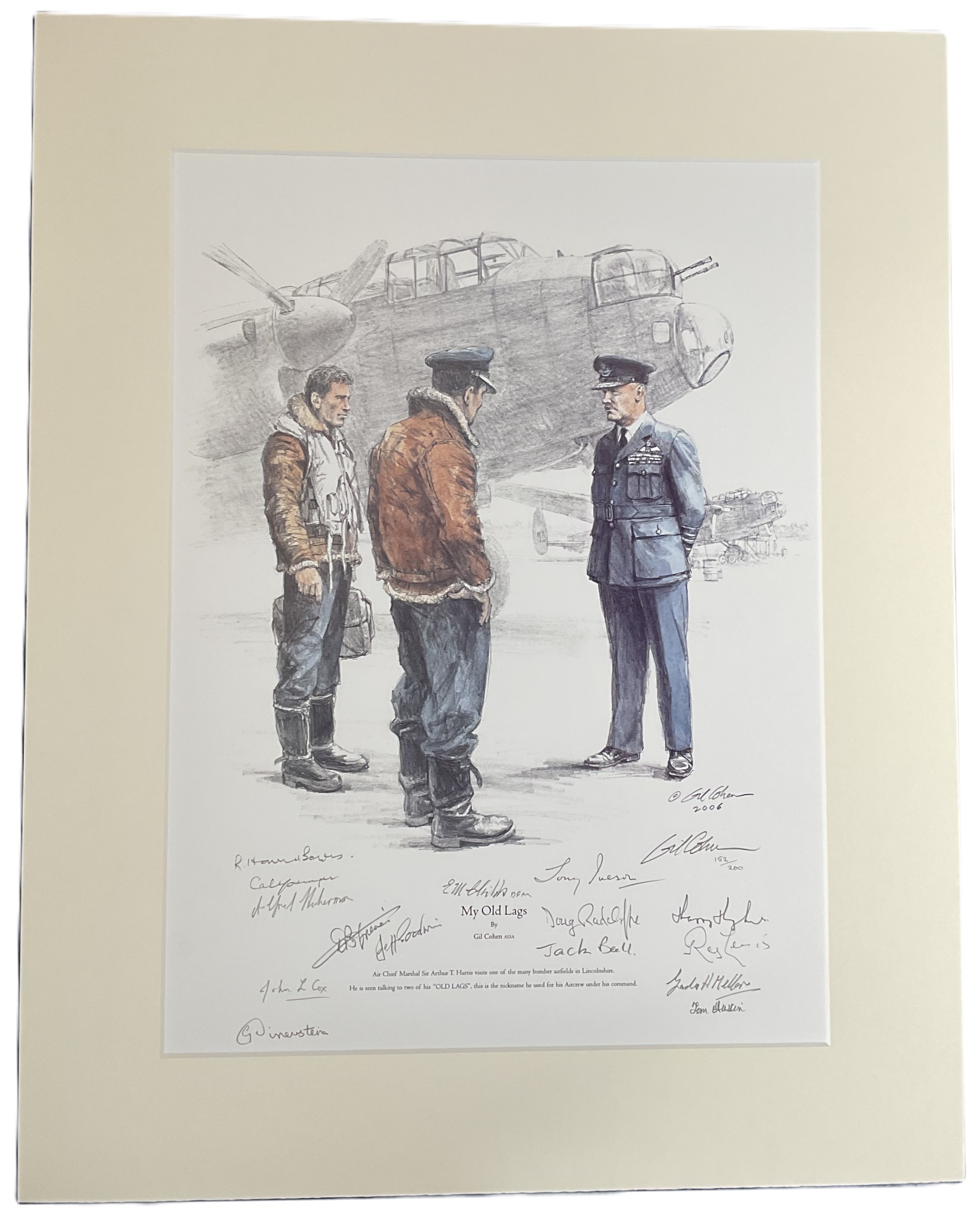 Fifteen RAF WW2 bomber veterans signed 21 x 17 inch print My Old Lags by artist Gil Cohen. Air Chief