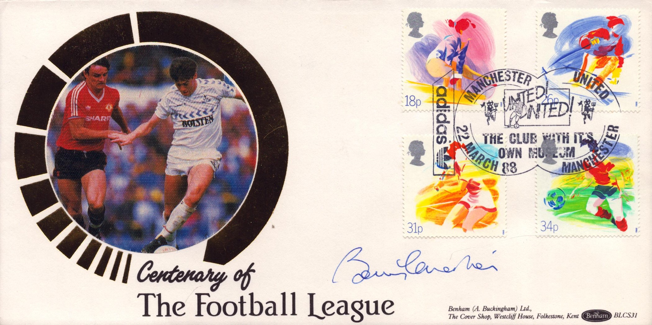 Bobby Charlton signed Centenary of Football League FDC. 22/3/88 Manchester postmark. Good