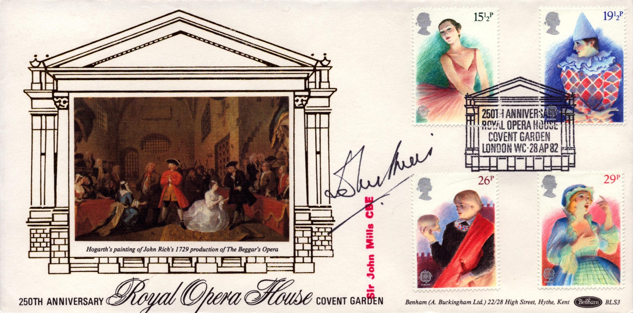 Sir John Mills CBE signed Royal Opera House FDC. 28/4/82 Covent Garden postmark. Good condition