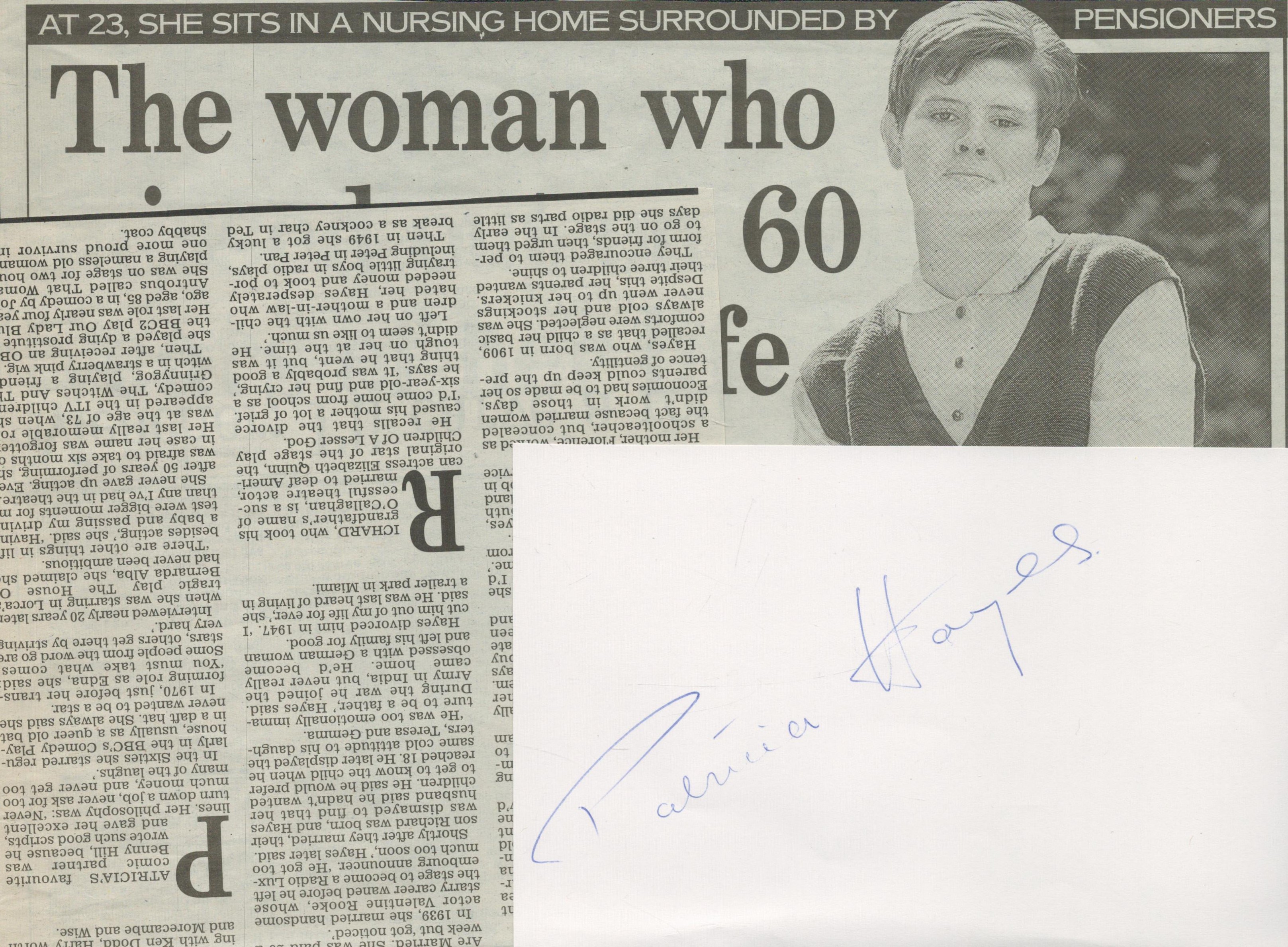 Patricia Hayes signed 6.5x4 inch approx white index card accompanied with newspaper clippings.