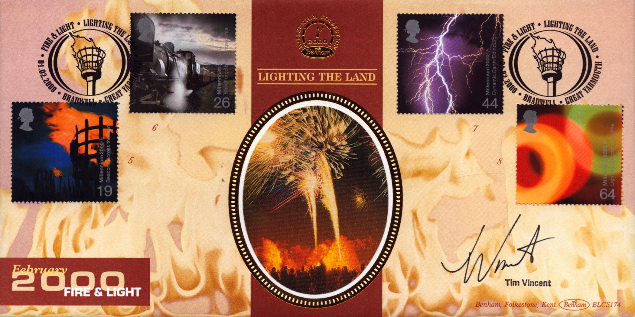 Tim Vincent signed Fire and Light FDC. 1/2/00 Bradwell postmark. Good condition Est.