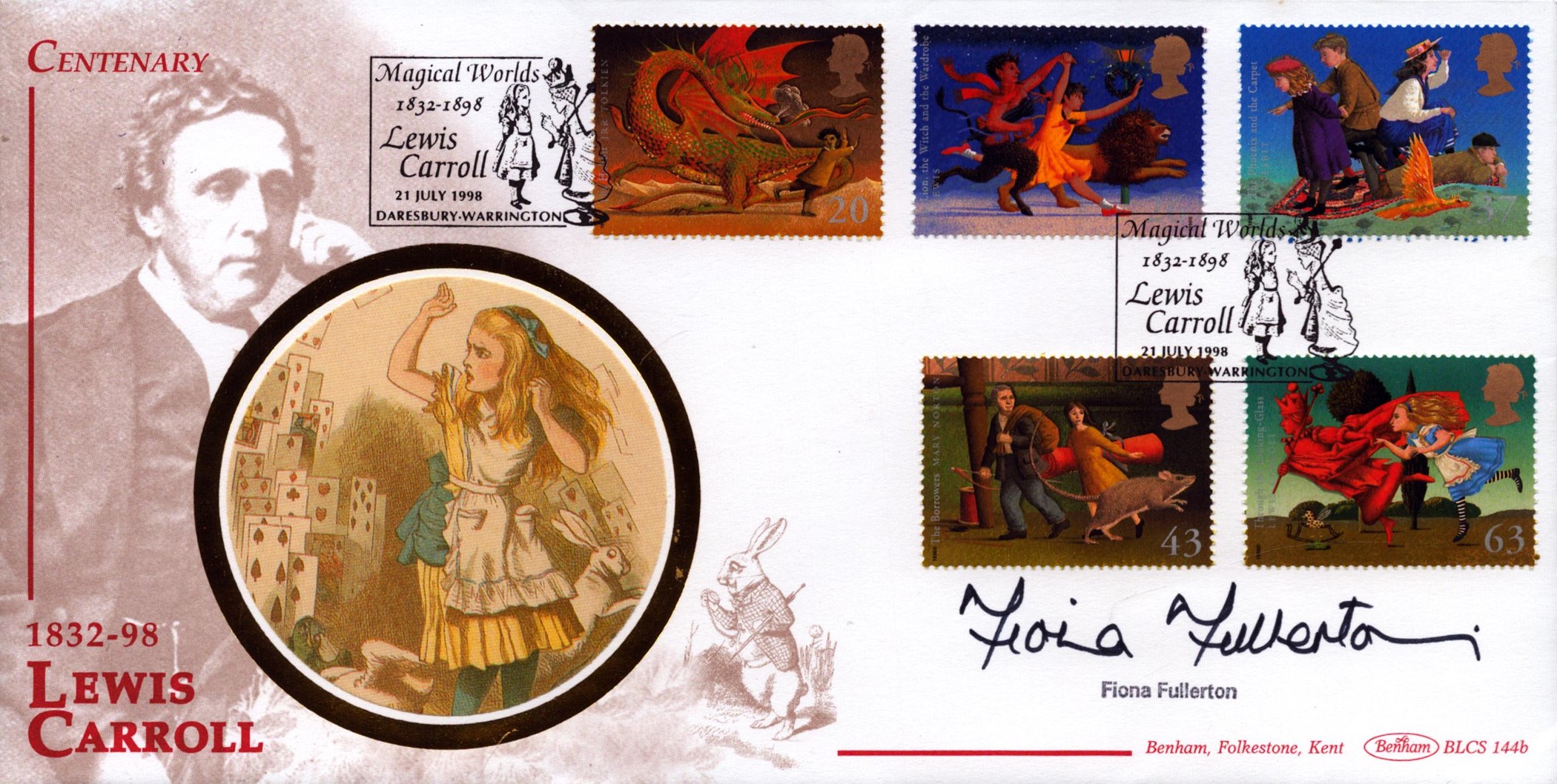 Fiona Fullerton signed Lewis Carroll FDC. 21/7/98 Daresbury postmark. Good condition Est.