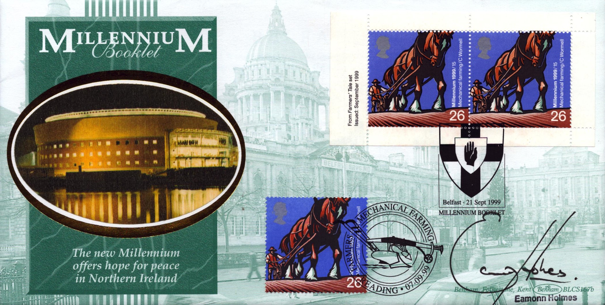 Eamonn Holmes signed Millennium booklet FDC. Double postmarked. 21/9/99 Belfast and 7/9/99