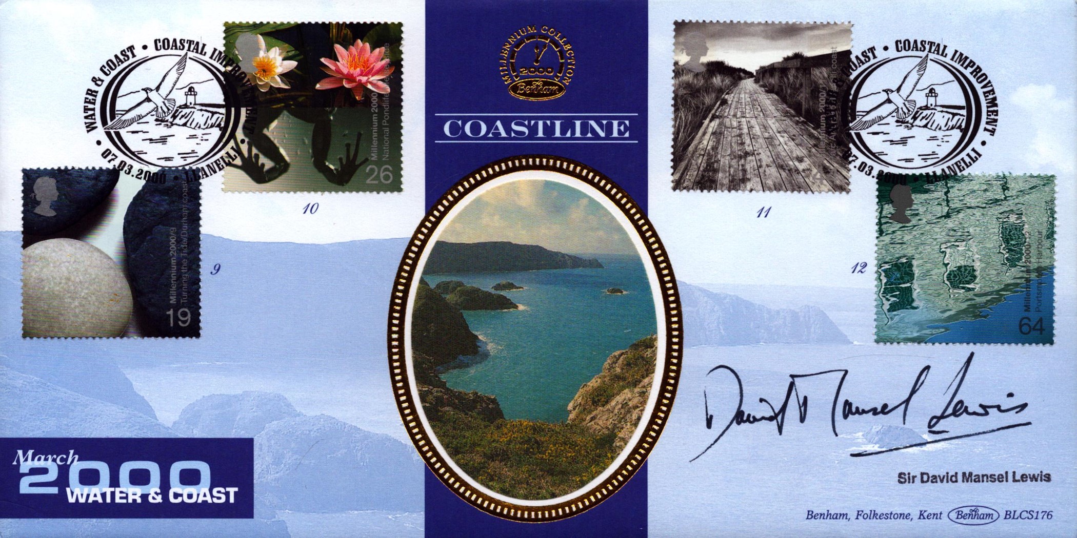 Sir David Mansel Lewis signed Coastline FDC. 7/3/00 Llanelli postmark. Good condition Est.