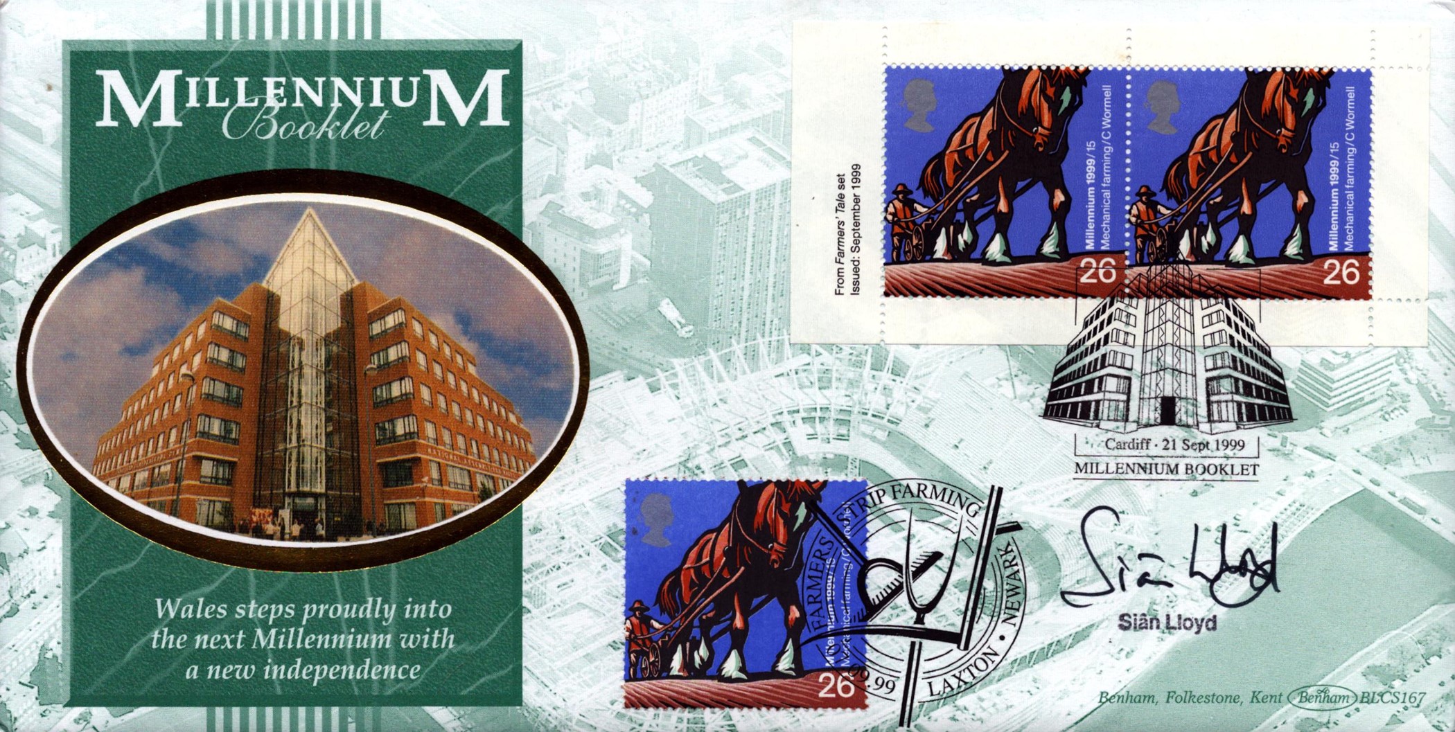 Sian Lloyd signed Millennium booklet FDC. Double postmarked 7/9/99 Laxton and 21/9/99 Cardiff.