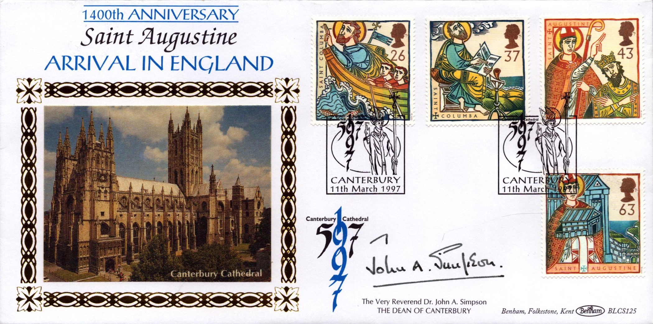 The Rev Dr John A Simpson signed FDC. 11/3/97 Canterbury postmark. Good condition Est.