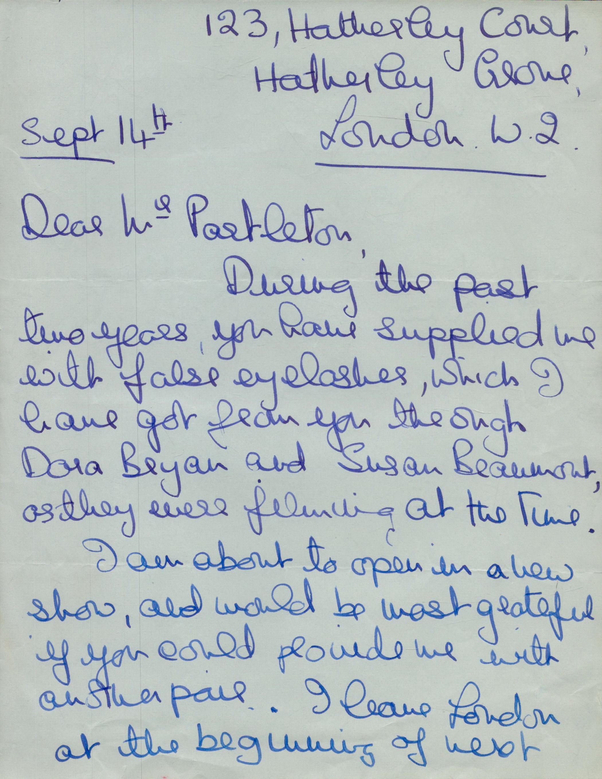 Joanna Rigby - vintage ALS dated Sept 14th (n/y) asking Bill Partleton to send her some false - Image 2 of 2