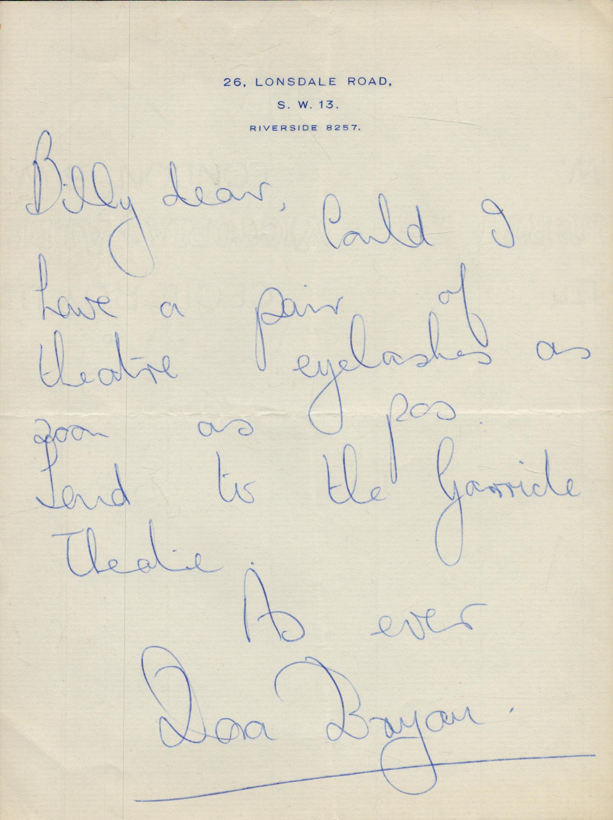 Dora Bryan - vintage undated ALS from her home address asking for a pair of theatre eyelashes