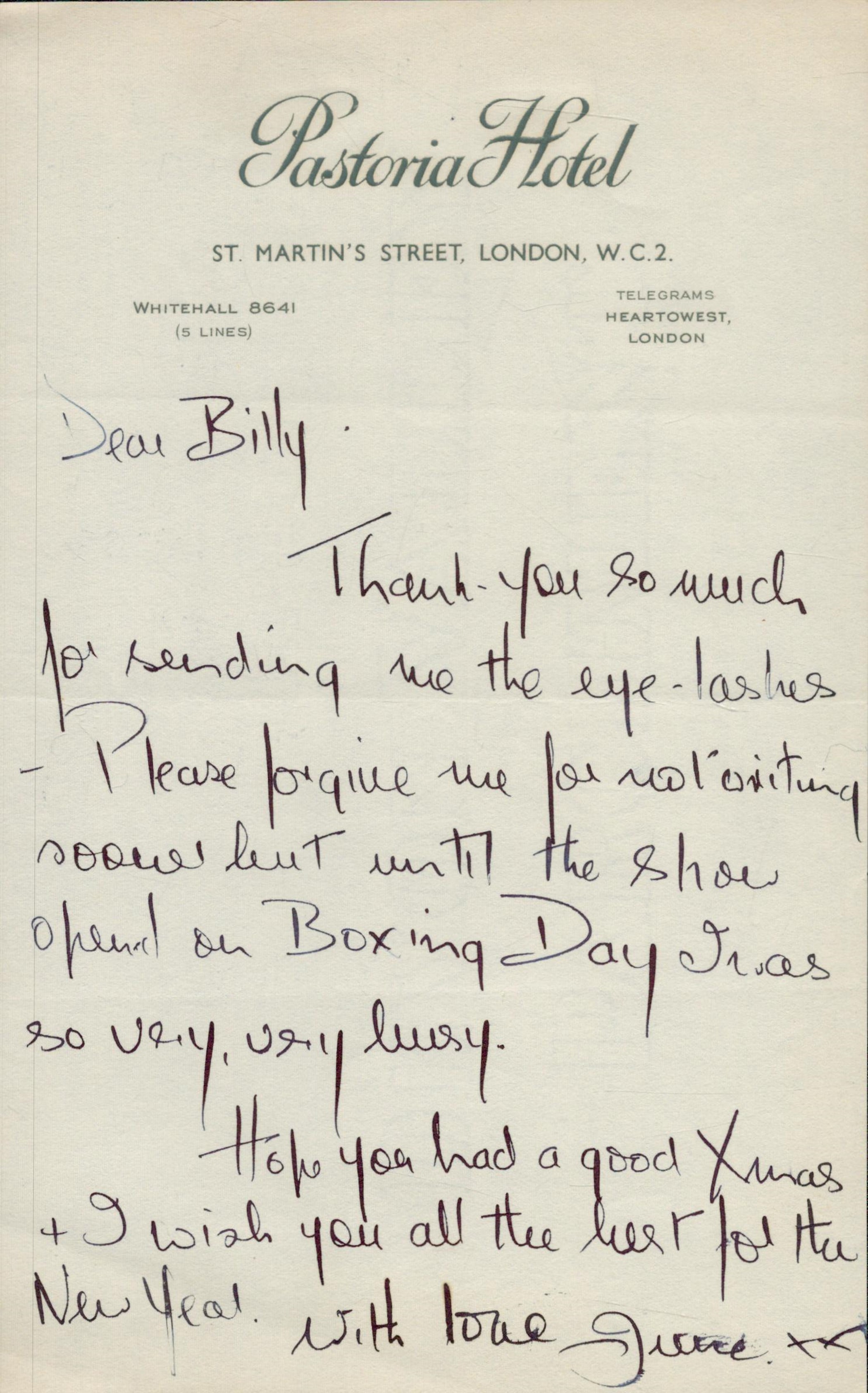 June Laverick - vintage undated ALS thanking Bill Partleton for sending her eyelashes and wishing