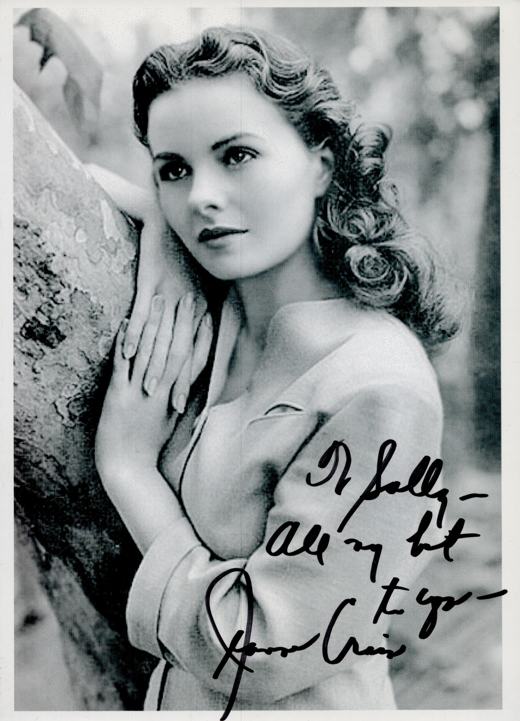 Jeanne Crain signed 8x6 inch approx black and white photo. Dedicated. Good condition Est.