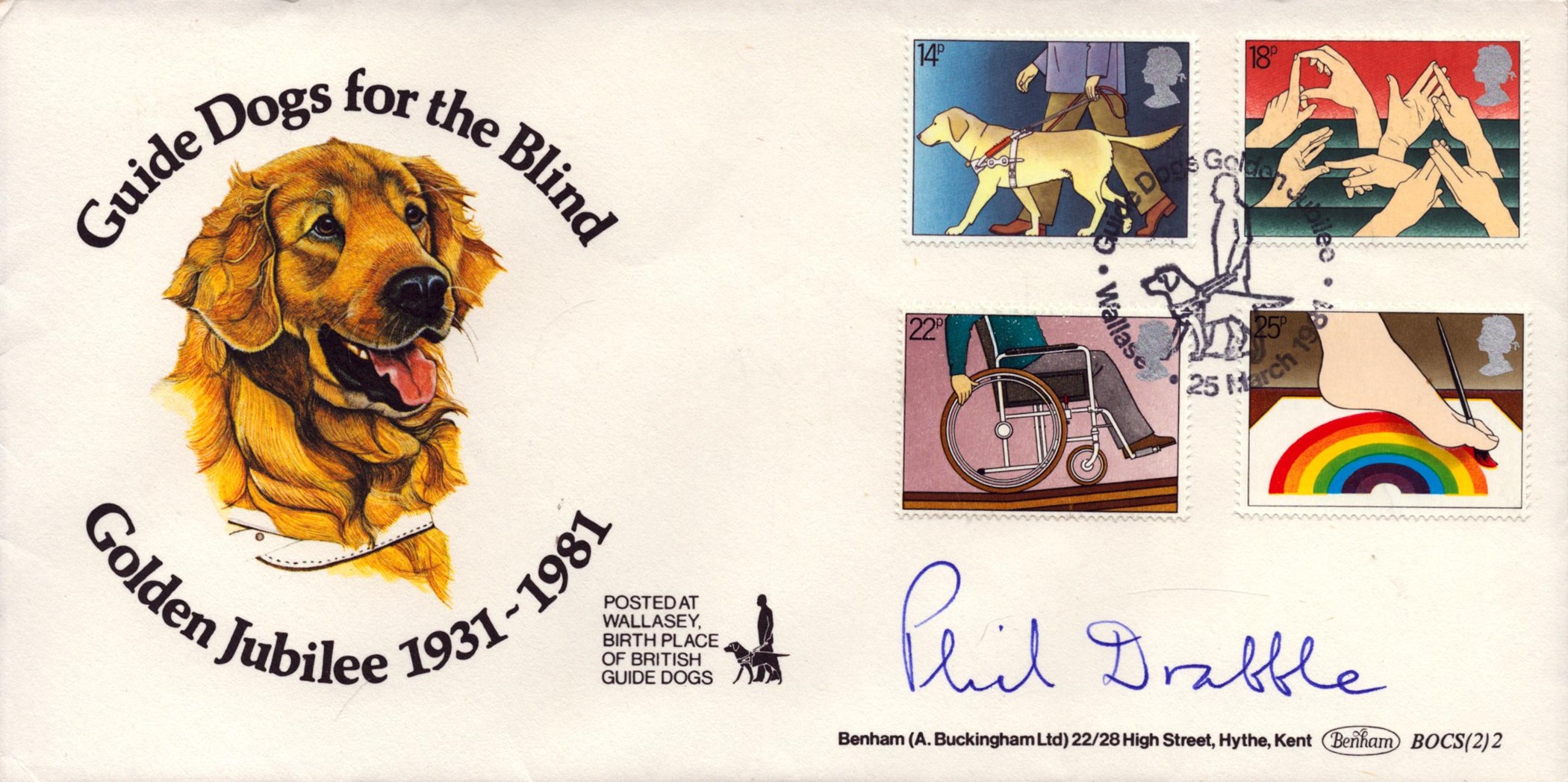 Phil Drabble signed Guide Dogs FDC. 25/3/81 Wallasey postmark. Good condition Est.