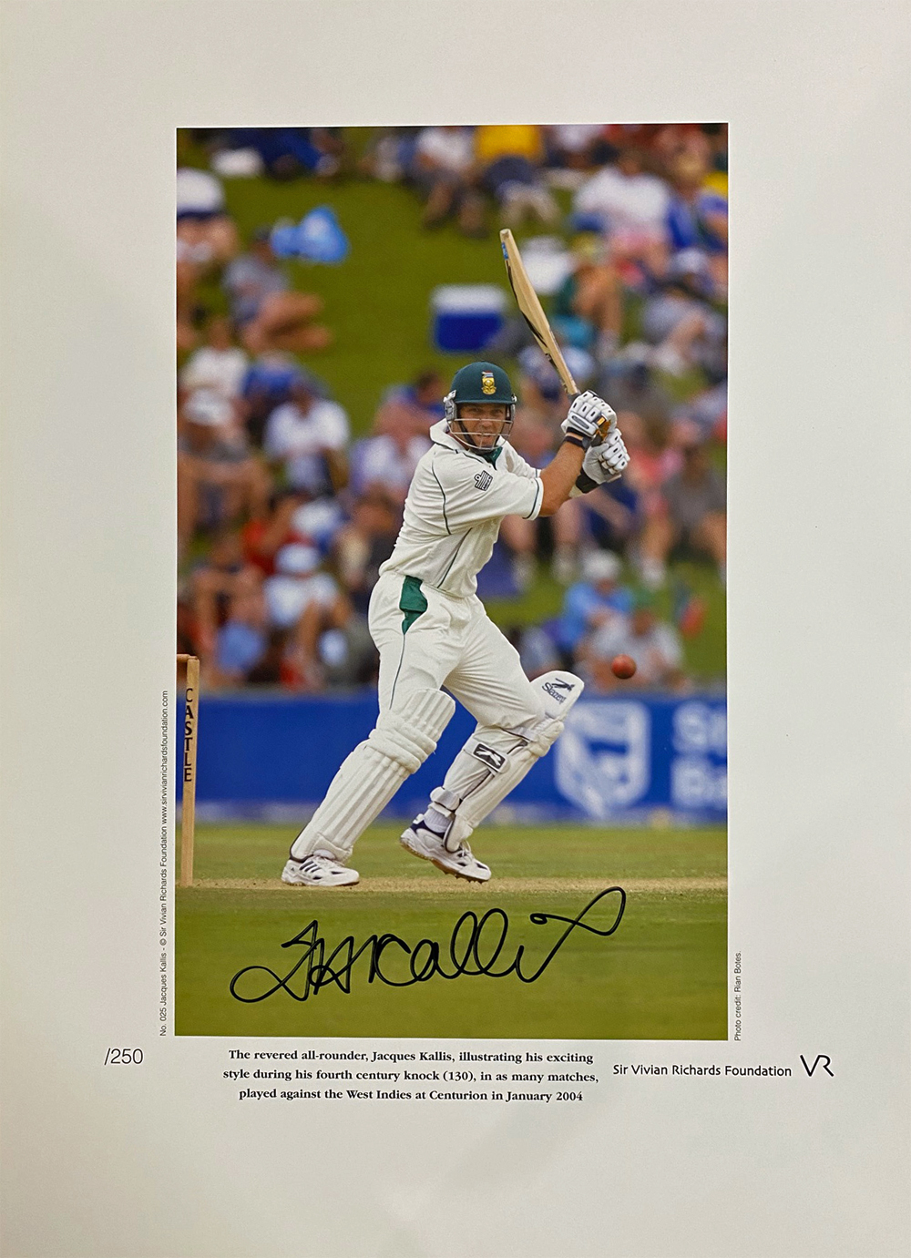 Jacques Kallis signed limited edition print with signing photo. Jacques Kallis has blossomed into