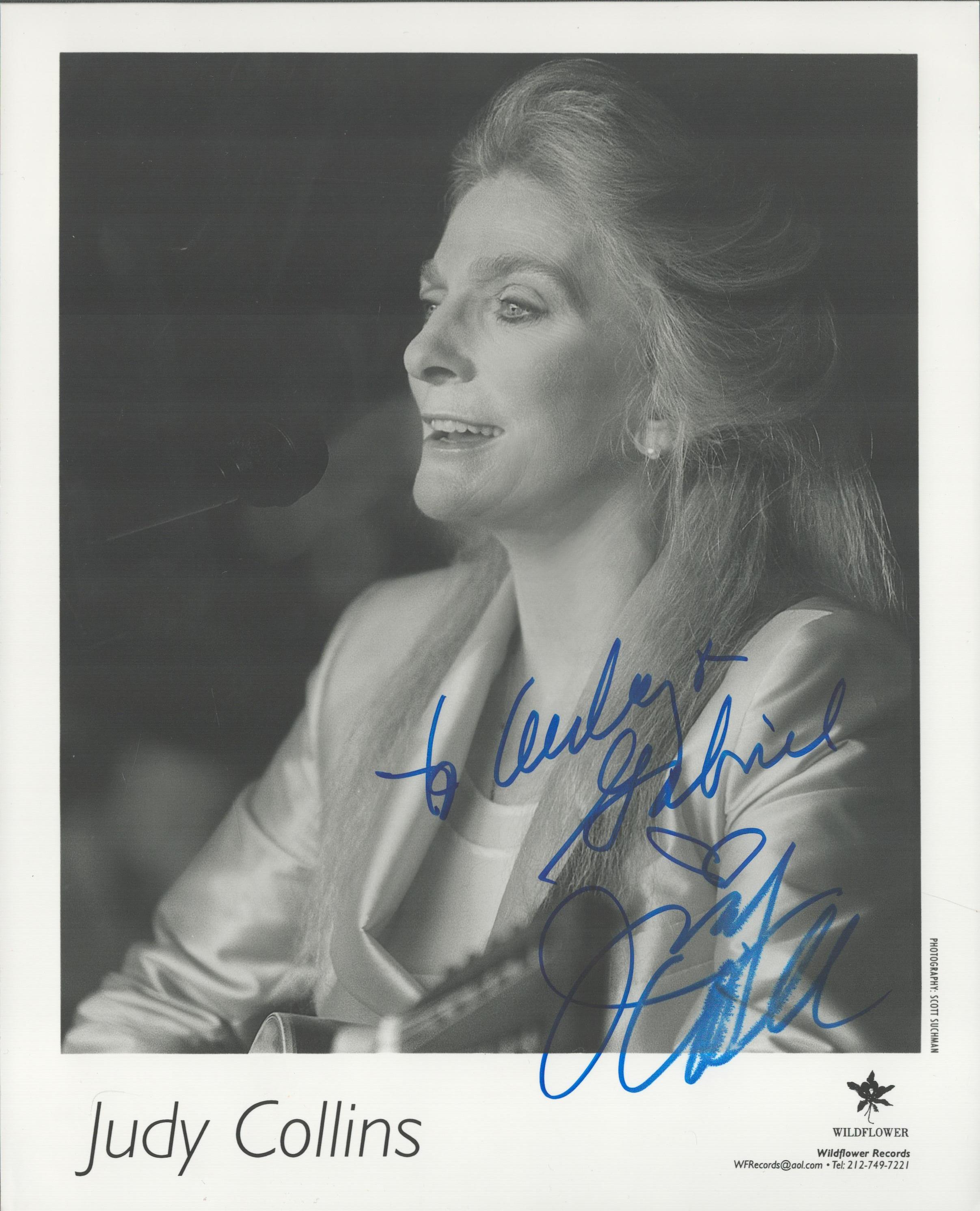 Judy Collins signed 10x8 inch black and white promo photo dedicated. Good Condition. All