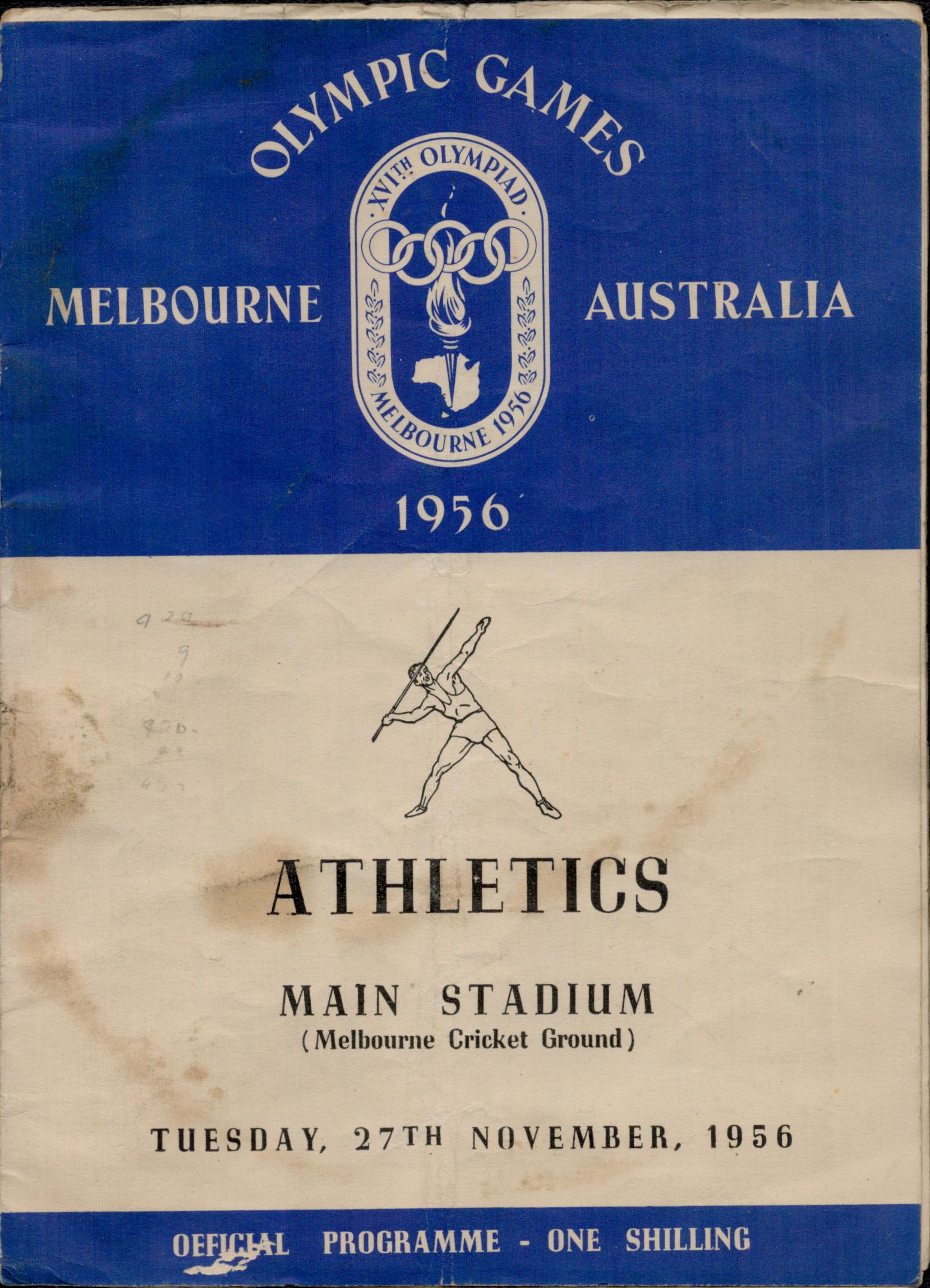 Vintage unsigned Olympic Games Melbourne Australia Official Programme - One Shilling. Athletics Main