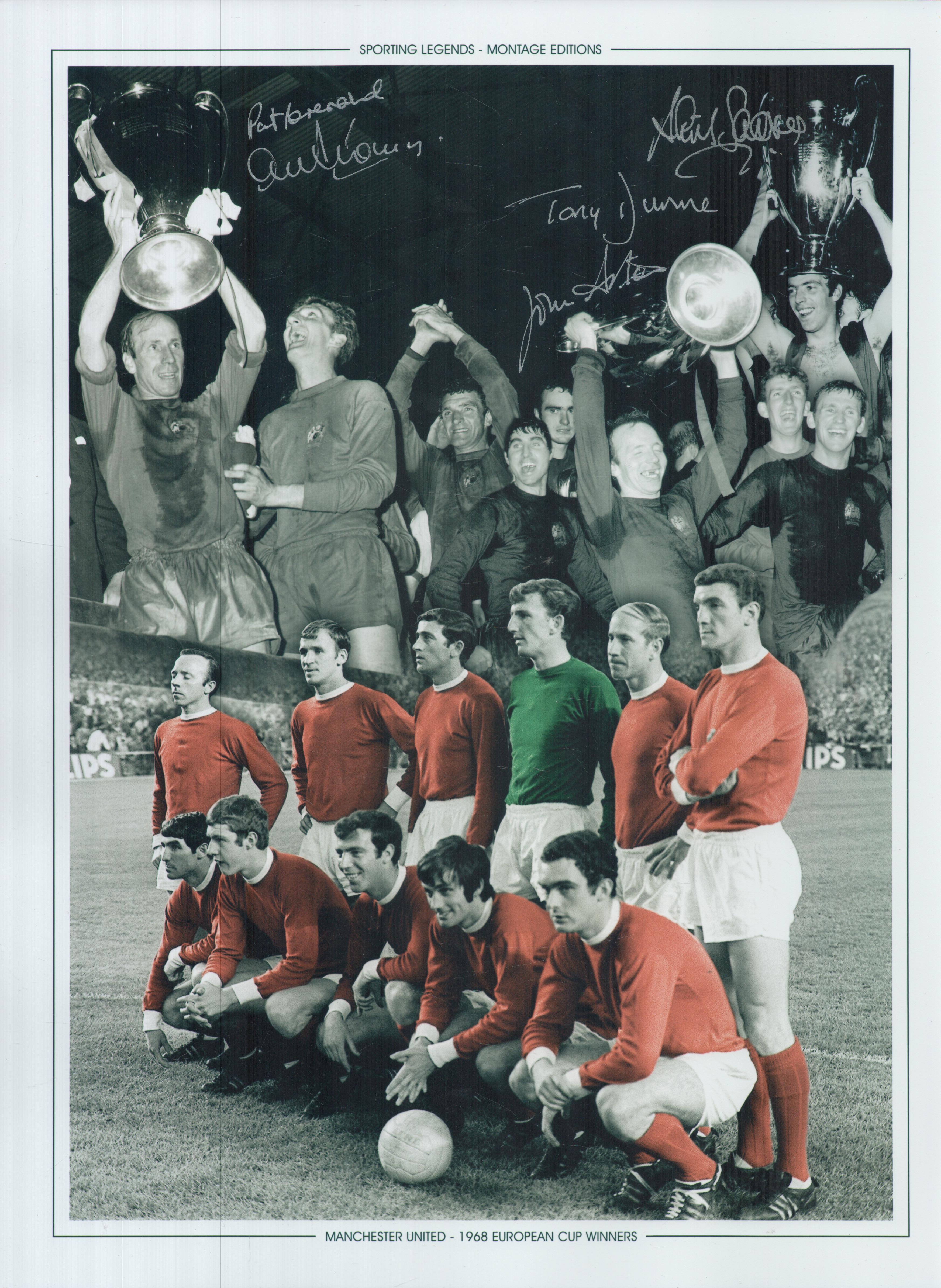 Autographed MAN UNITED 16 x 12 Montage-Edition : Colorized, depicting a montage of images relating