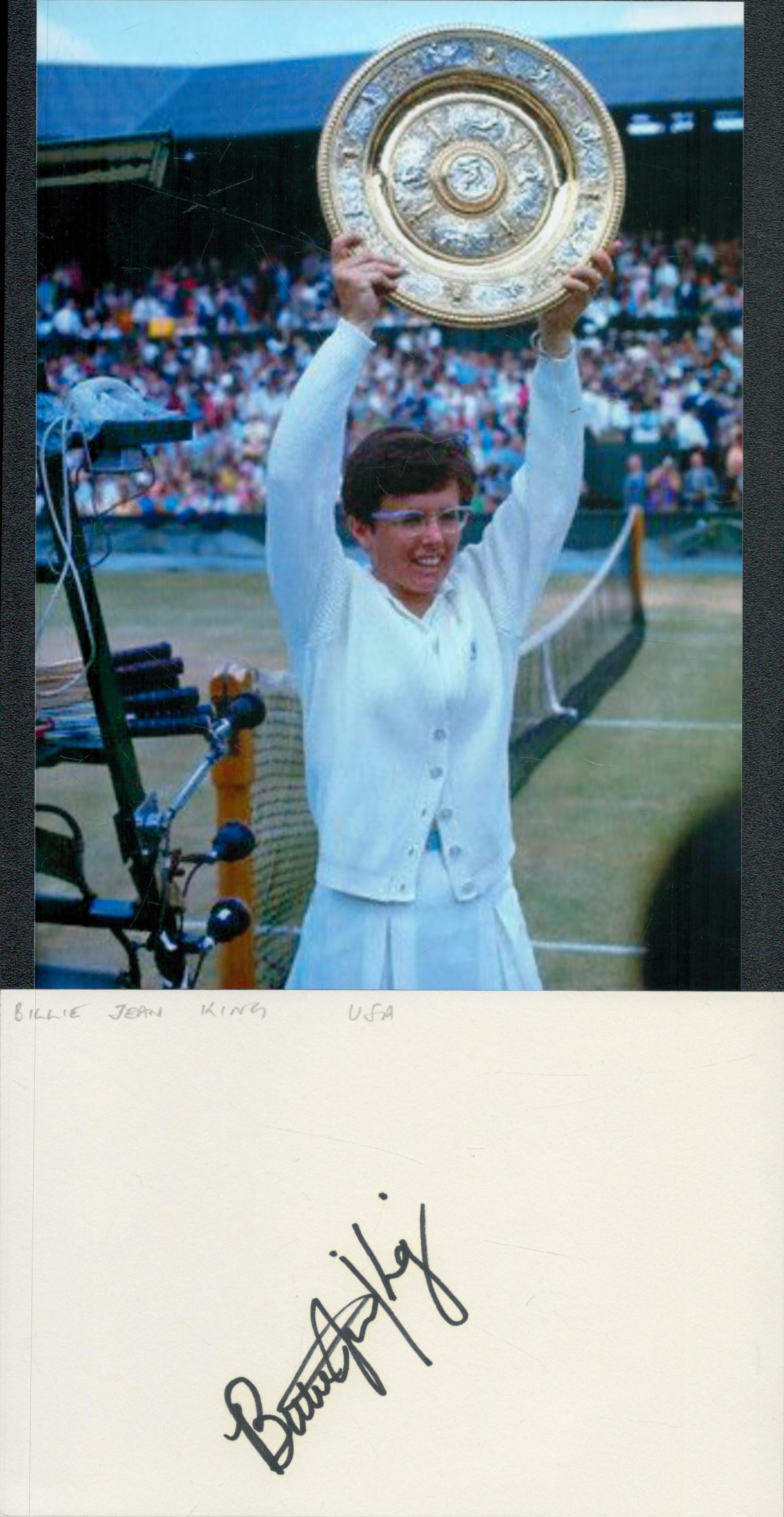 BILLIE JEAN KING Tennis Legend signed card with Wimbledon Open Photo . Good Condition. All