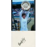 BILLIE JEAN KING Tennis Legend signed card with Wimbledon Open Photo . Good Condition. All