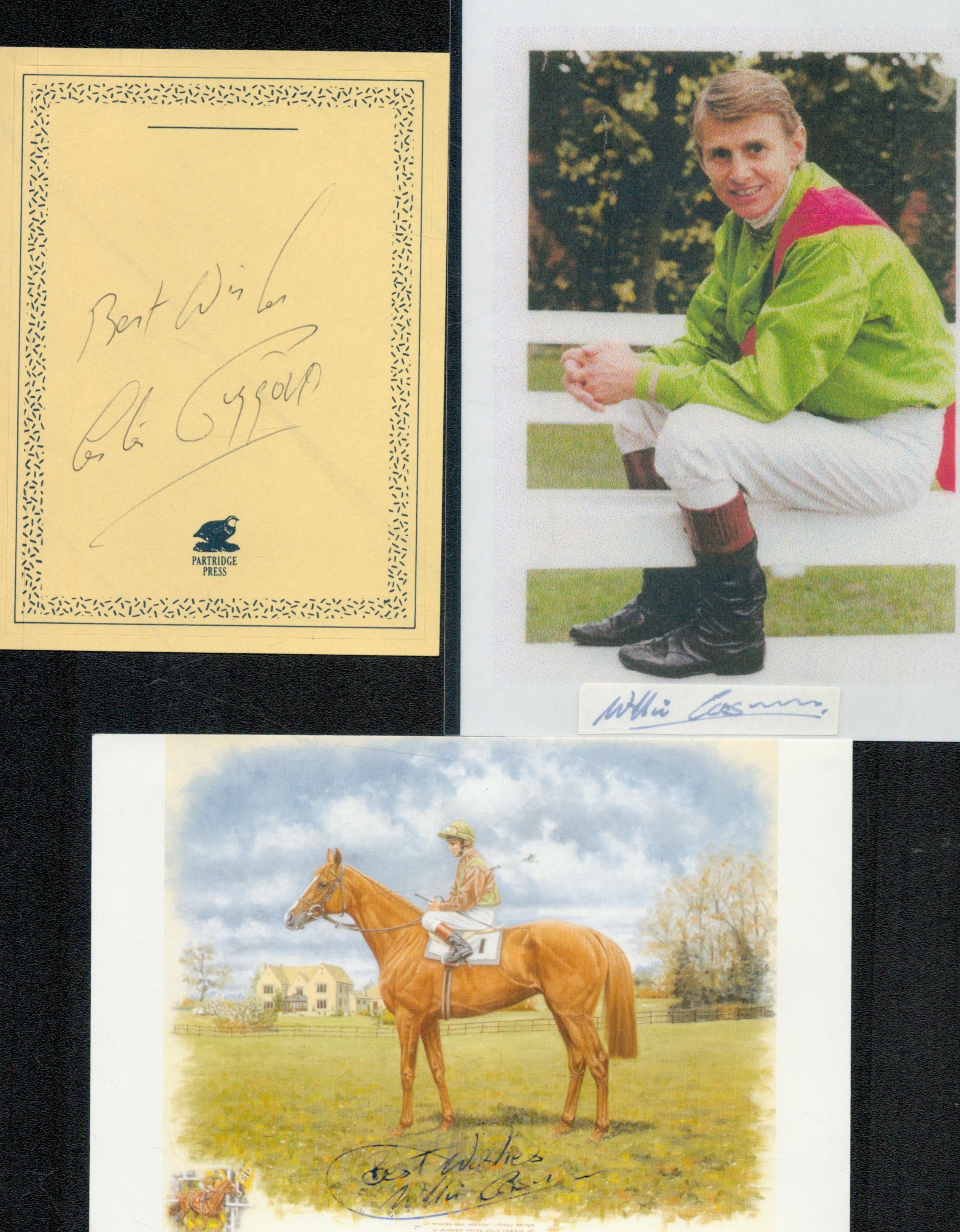 Jockey collection of 5 signatures on photos and cards including names of Willie Carson, Lester