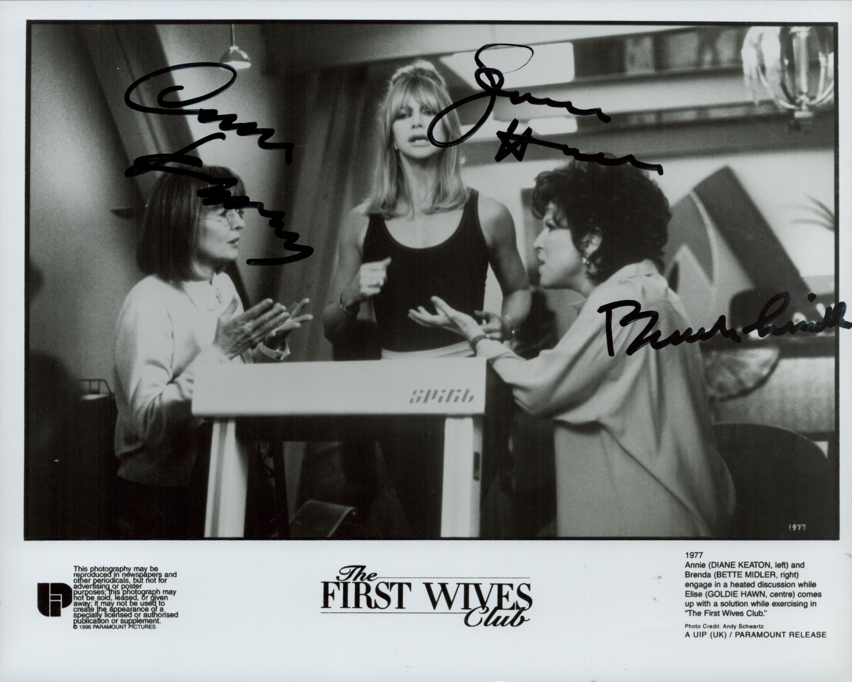 Multi signed Diane Keaton, Goldie Hawn, Bette Midler Black and White Still Movie Photo 10x8 Inch. '